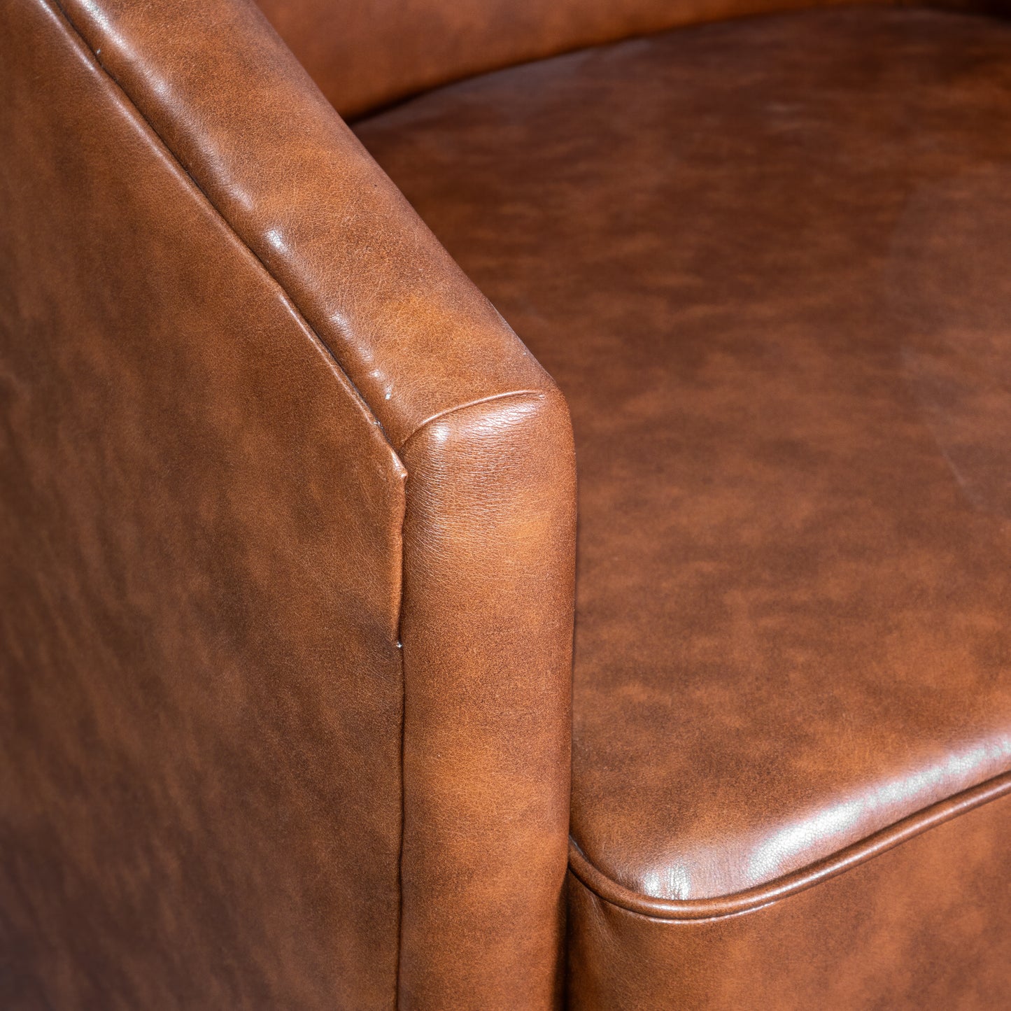 Dean Club Style Commercial Barrel Accent Armchair with 360 Degree Swivel Metal Base and Sloped Armrests in Brown LeatherSoft Upholstery Brown LeatherSoft