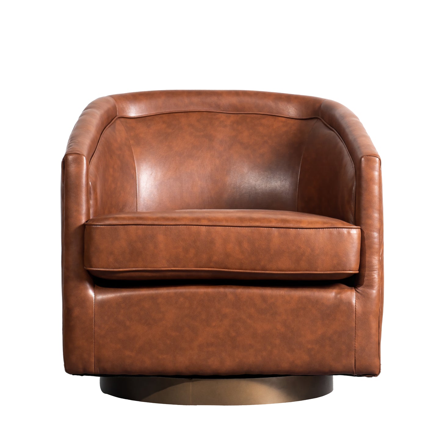 Dean Club Style Commercial Barrel Accent Armchair with 360 Degree Swivel Metal Base and Sloped Armrests in Brown LeatherSoft Upholstery Brown LeatherSoft