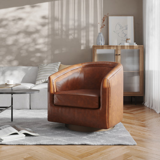 Dean Club Style Commercial Barrel Accent Armchair with 360 Degree Swivel Metal Base and Sloped Armrests in Brown LeatherSoft Upholstery Brown LeatherSoft