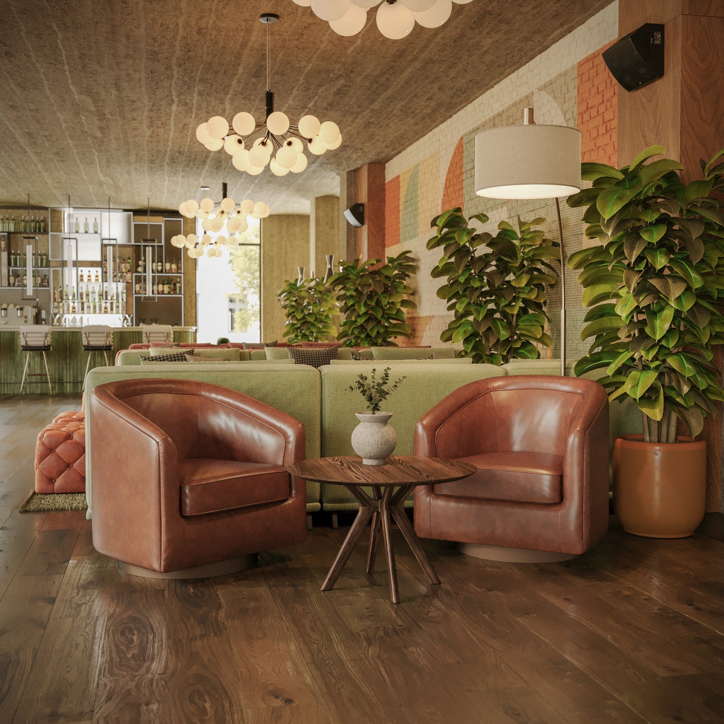 Dean Club Style Commercial Barrel Accent Armchair with 360 Degree Swivel Metal Base and Sloped Armrests in Brown LeatherSoft Upholstery Brown LeatherSoft