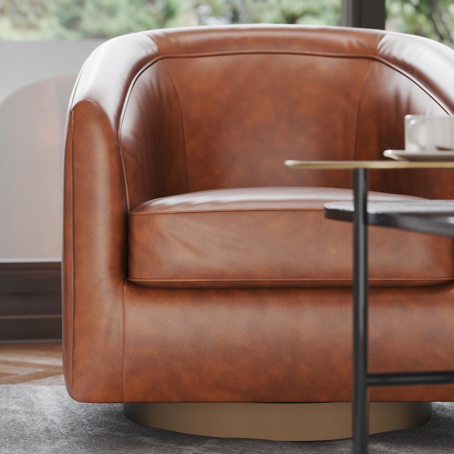 Dean Club Style Commercial Barrel Accent Armchair with 360 Degree Swivel Metal Base and Sloped Armrests in Brown LeatherSoft Upholstery Brown LeatherSoft