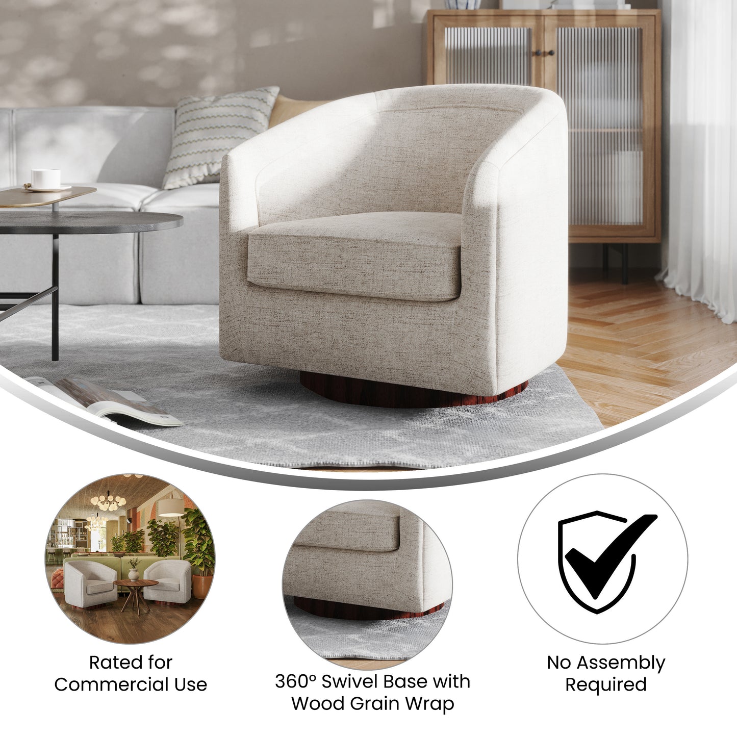 Dean Club Style Commercial Barrel Accent Armchair with 360 Degree Swivel Metal Base and Sloped Armrests in Cream Fabric Upholstery Cream
