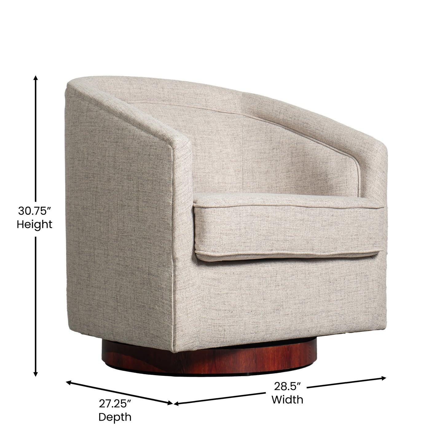 Dean Club Style Commercial Barrel Accent Armchair with 360 Degree Swivel Metal Base and Sloped Armrests in Cream Fabric Upholstery Cream