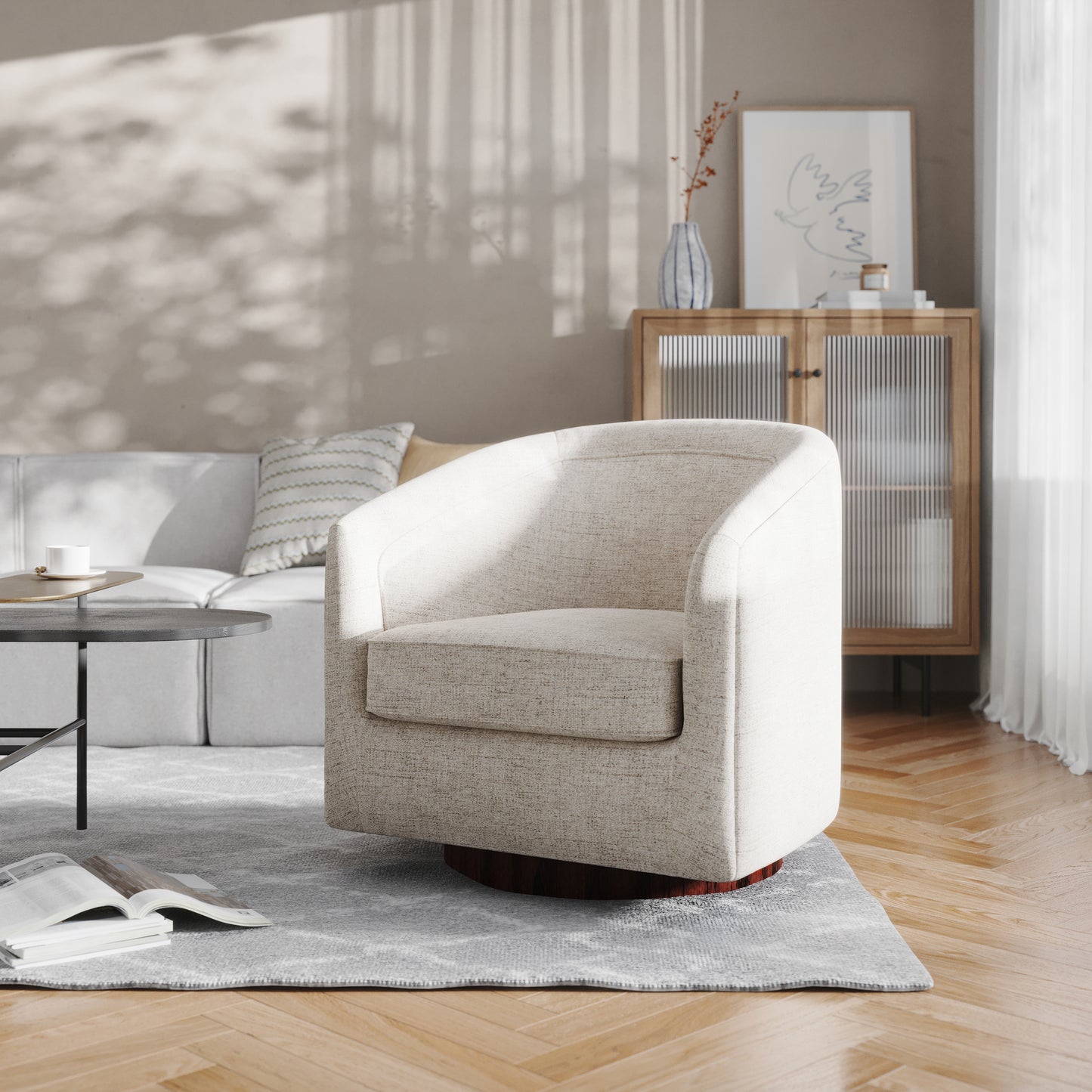 Dean Club Style Commercial Barrel Accent Armchair with 360 Degree Swivel Metal Base and Sloped Armrests in Cream Fabric Upholstery Cream