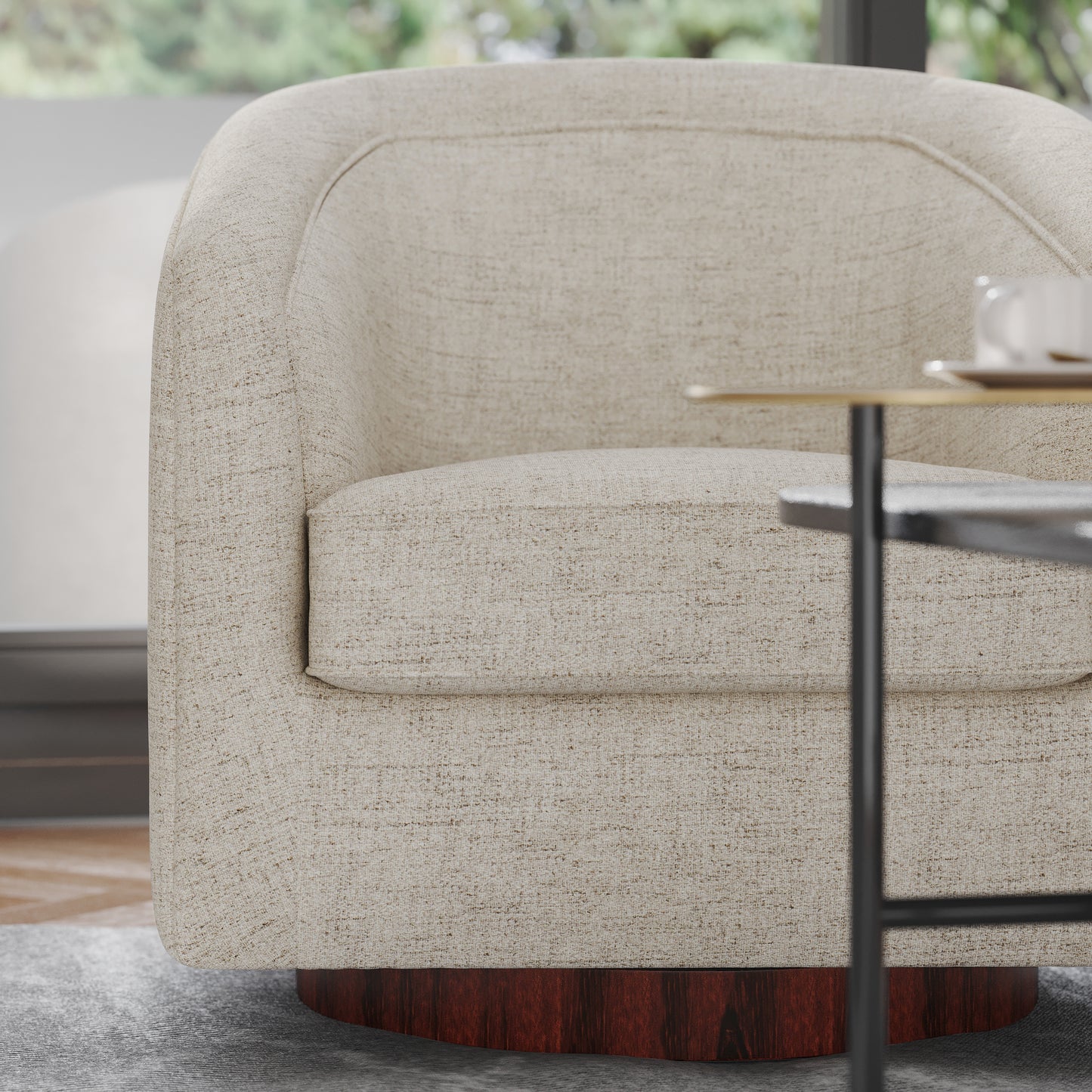 Dean Club Style Commercial Barrel Accent Armchair with 360 Degree Swivel Metal Base and Sloped Armrests in Cream Fabric Upholstery Cream