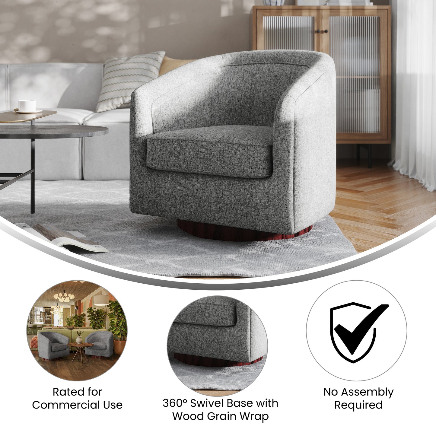 Dean Club Style Commercial Barrel Accent Armchair with 360 Degree Swivel Metal Base and Sloped Armrests in Gray Fabric Upholstery Gray