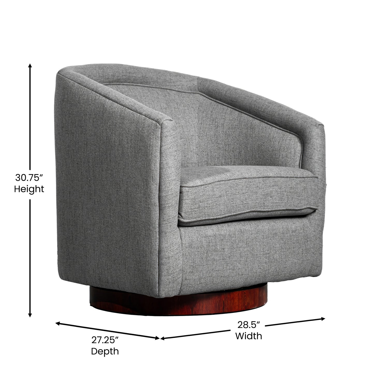 Dean Club Style Commercial Barrel Accent Armchair with 360 Degree Swivel Metal Base and Sloped Armrests in Gray Fabric Upholstery Gray