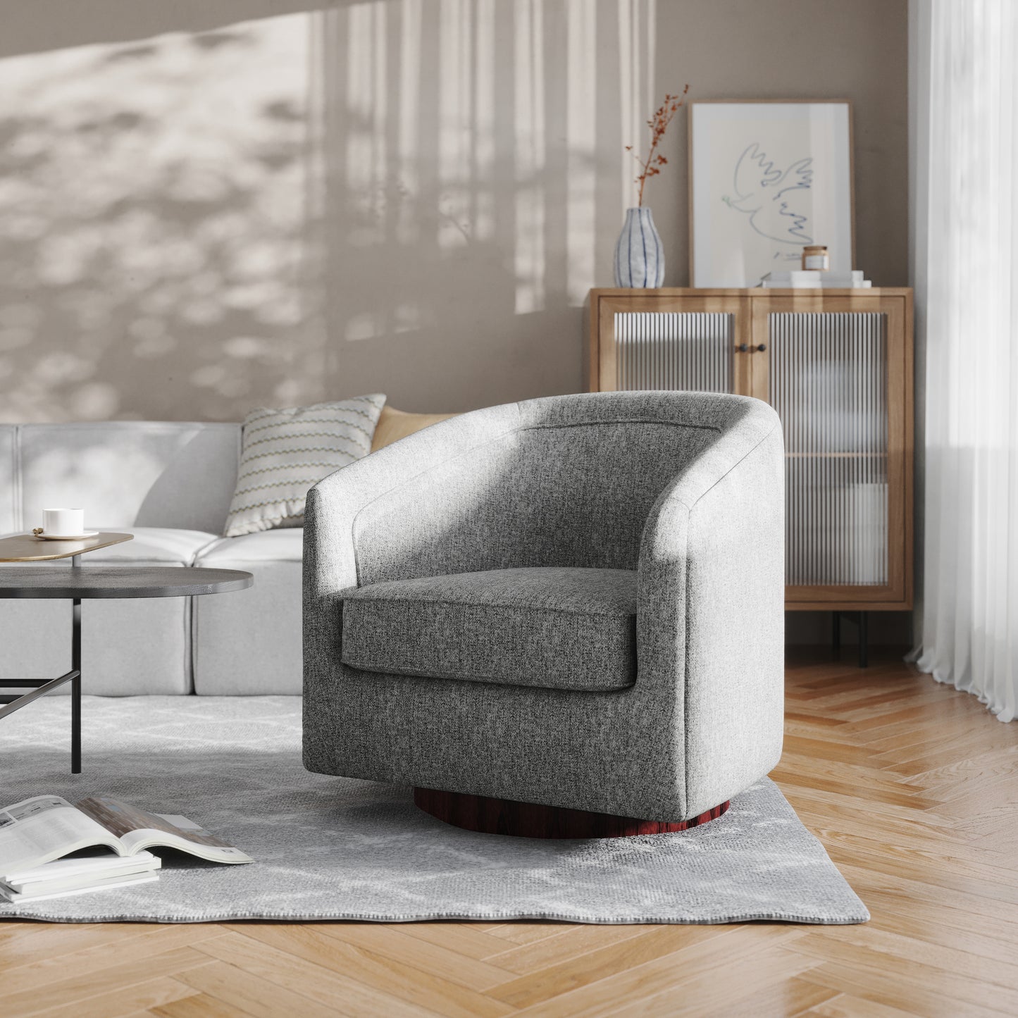 Dean Club Style Commercial Barrel Accent Armchair with 360 Degree Swivel Metal Base and Sloped Armrests in Gray Fabric Upholstery Gray