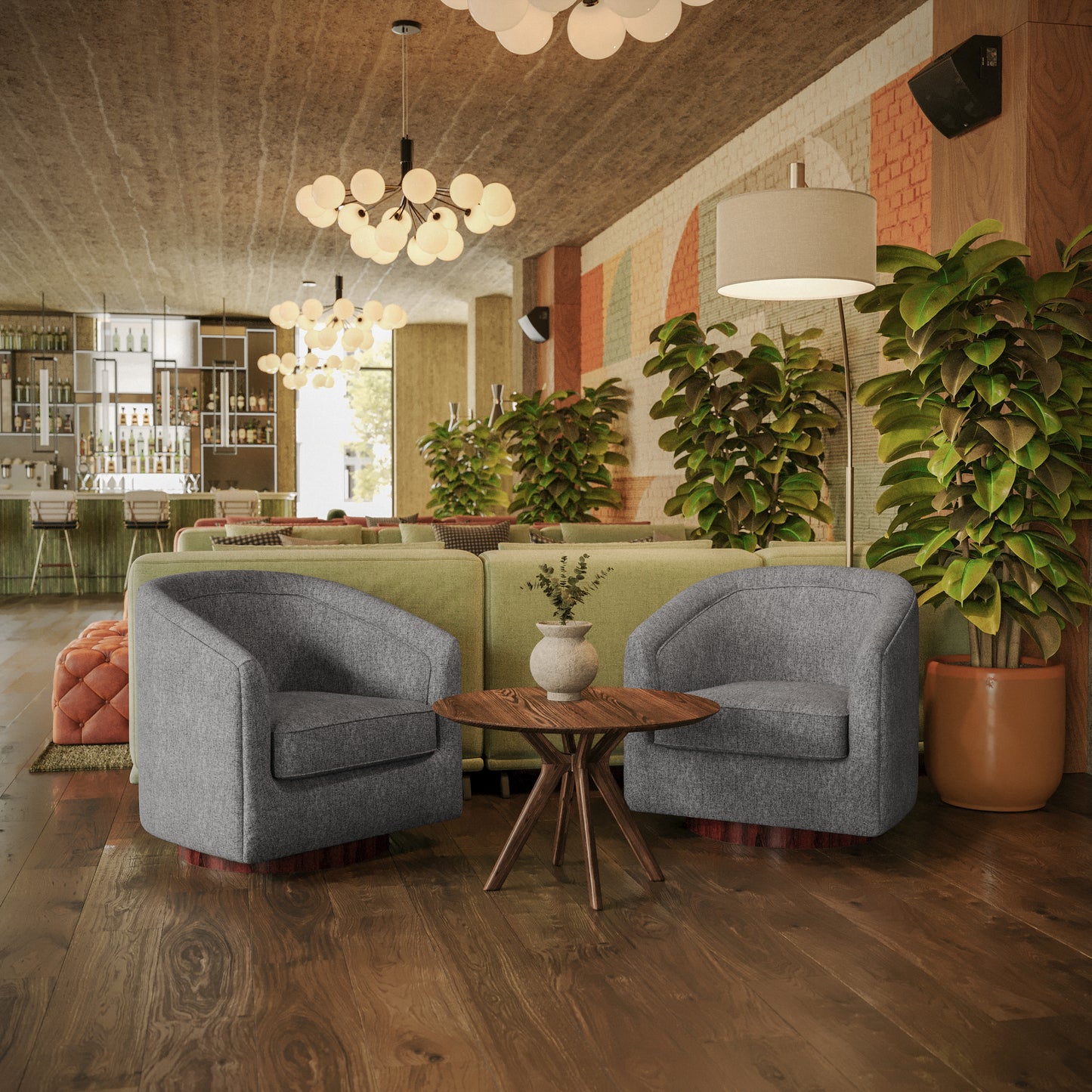 Dean Club Style Commercial Barrel Accent Armchair with 360 Degree Swivel Metal Base and Sloped Armrests in Gray Fabric Upholstery Gray