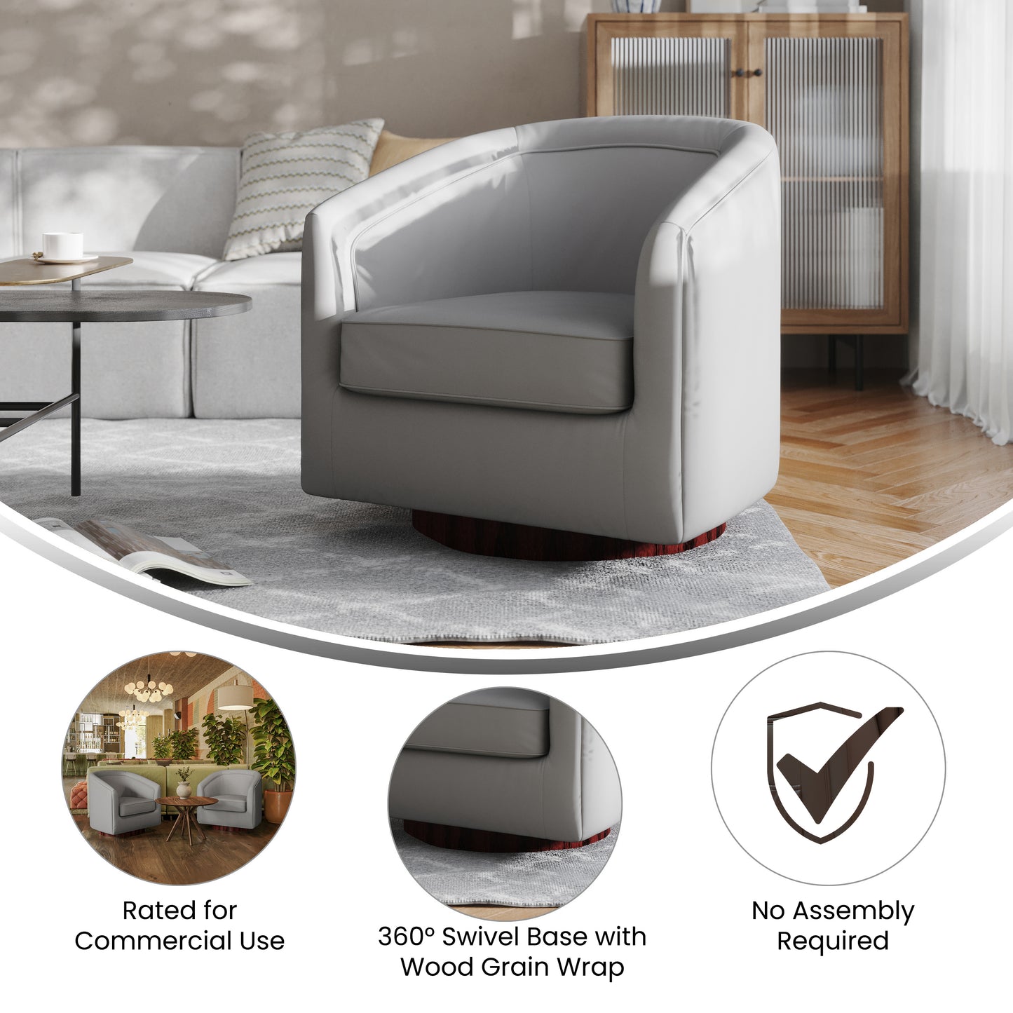 Dean Club Style Commercial Barrel Accent Armchair with 360 Degree Swivel Metal Base and Sloped Armrests in Gray LeatherSoft Upholstery Gray LeatherSoft
