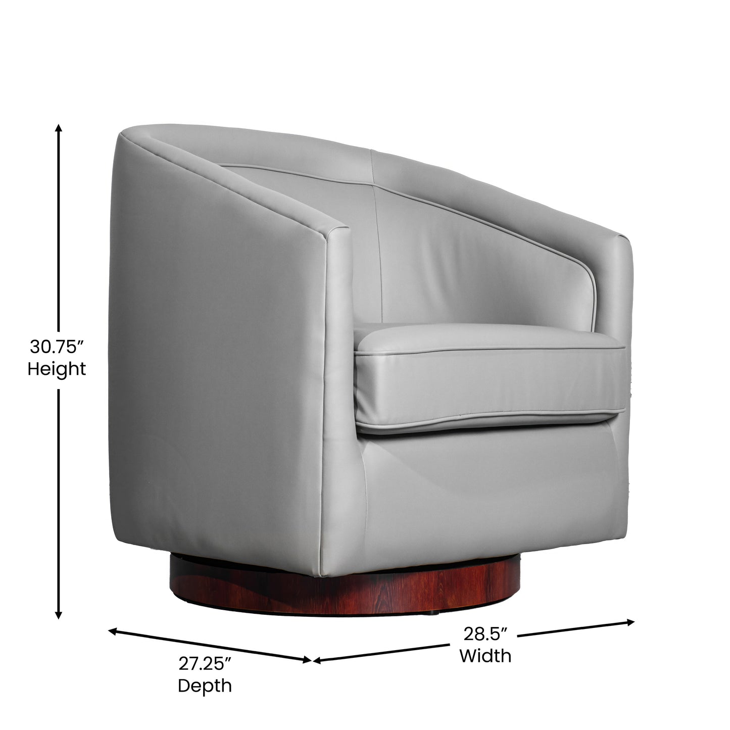 Dean Club Style Commercial Barrel Accent Armchair with 360 Degree Swivel Metal Base and Sloped Armrests in Gray LeatherSoft Upholstery Gray LeatherSoft