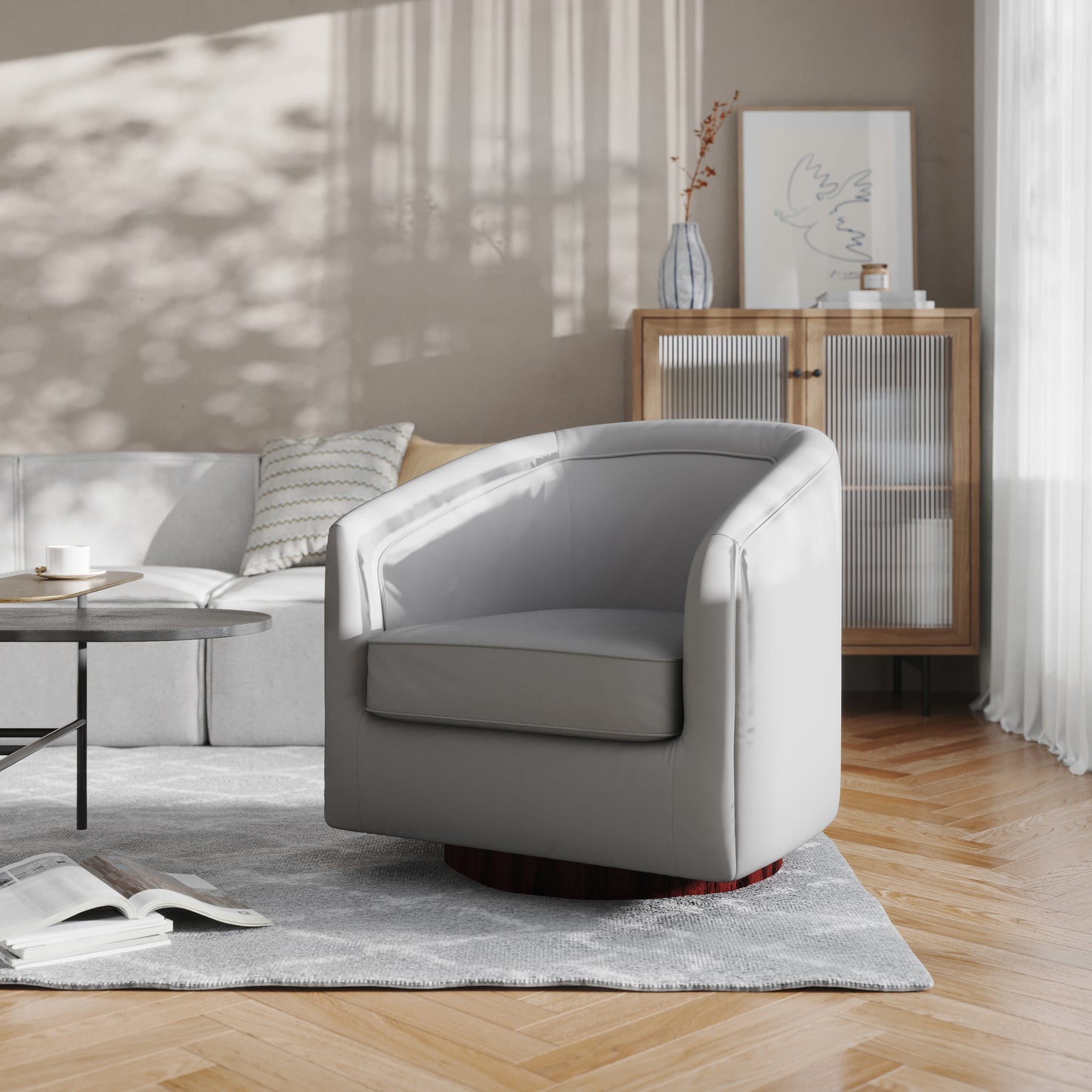 Dean Club Style Commercial Barrel Accent Armchair with 360 Degree Swivel Metal Base and Sloped Armrests in Gray LeatherSoft Upholstery Gray LeatherSoft
