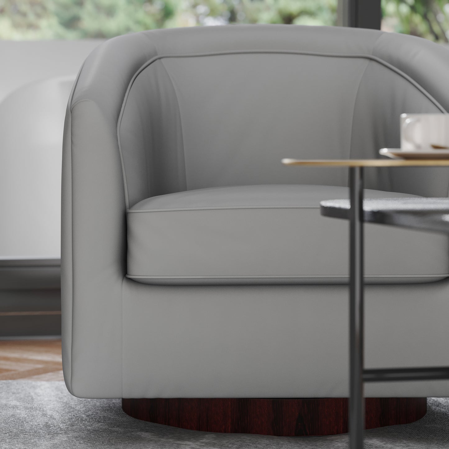 Dean Club Style Commercial Barrel Accent Armchair with 360 Degree Swivel Metal Base and Sloped Armrests in Gray LeatherSoft Upholstery Gray LeatherSoft