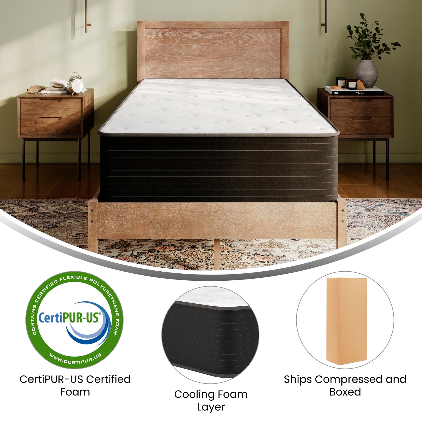 Dream Cooling Gel 12 Inch CertiPUR-US Certified Foam and Pocket Spring Hybrid Mattress, Twin Mattress in a Box White/Black