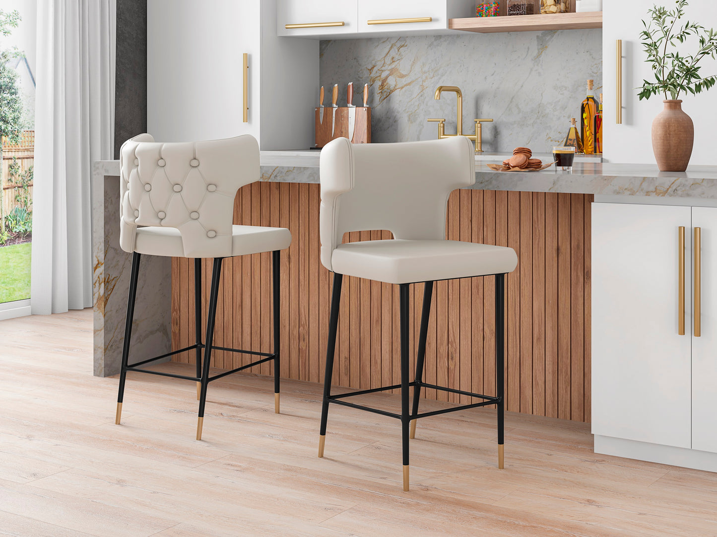 Manhattan Comfort Holguin 41.34 in. Cream, Black and Gold Wooden Barstool BS011-CR