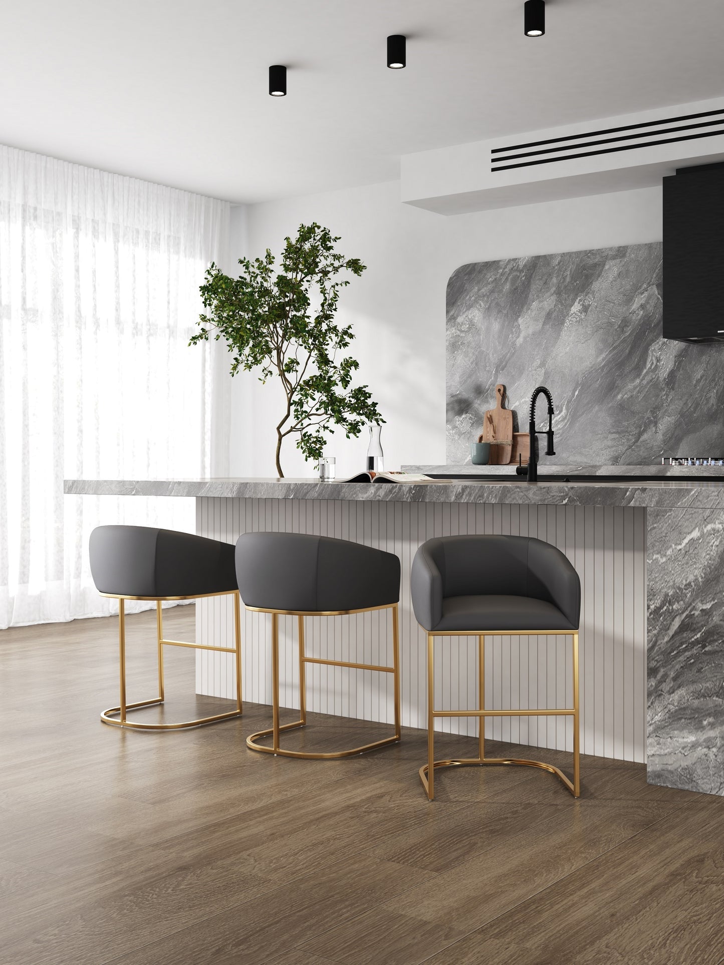 Manhattan Comfort Louvre Mid-Century Modern Leatherette and Stainless Steel Barstools