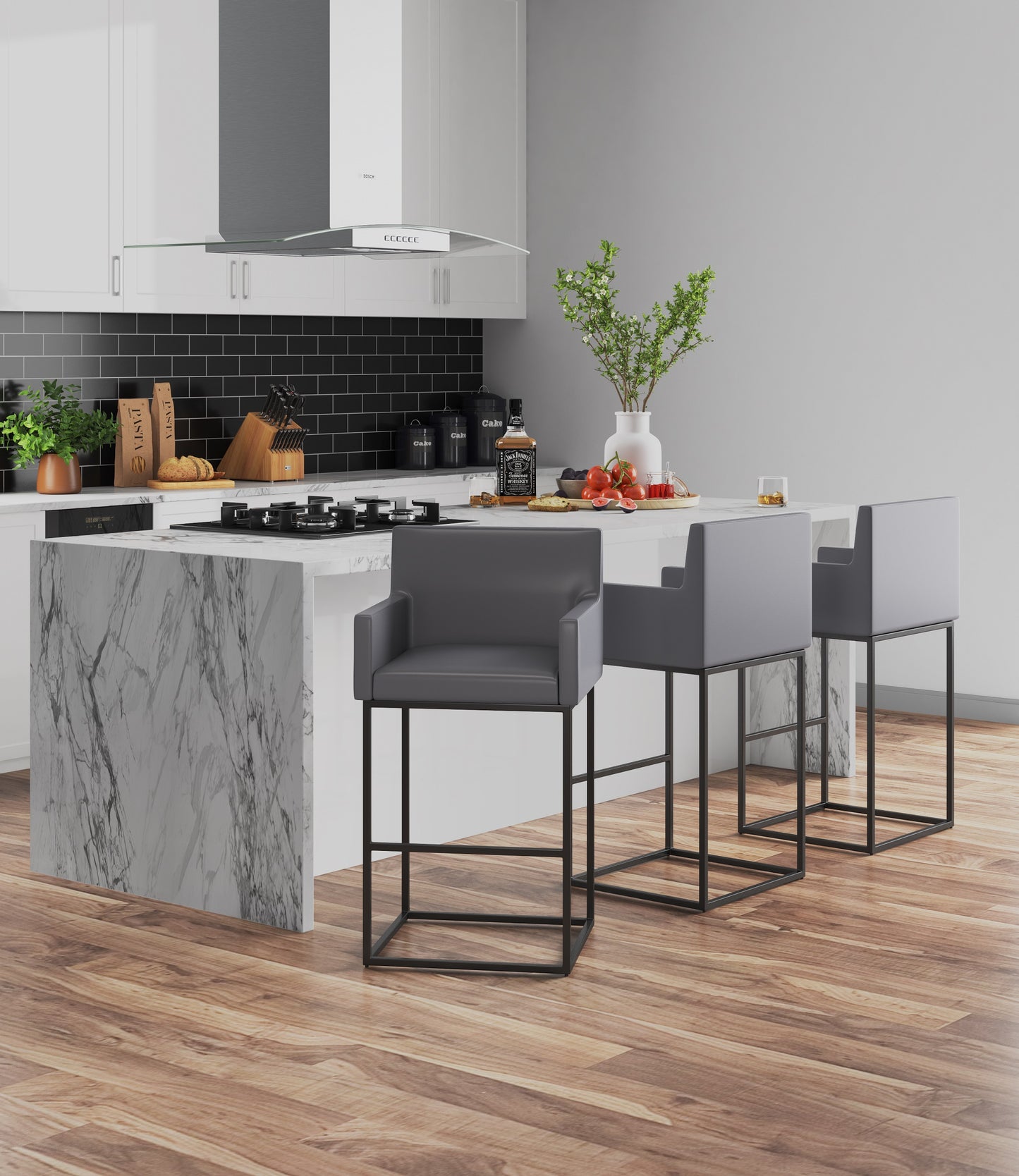Ambassador Mid-Century Modern Metal Upholstered Barstool in Gray BS017-GY