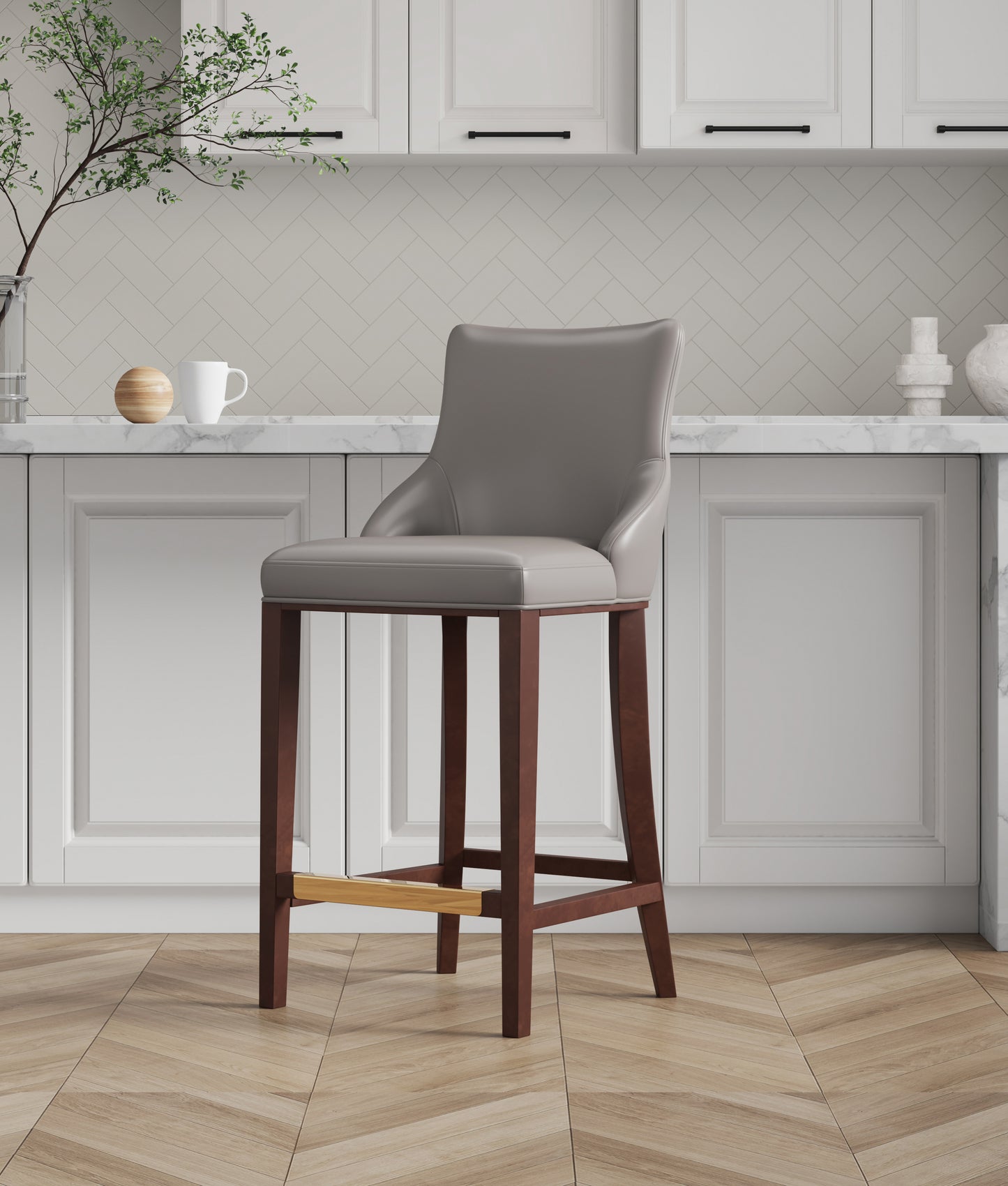 Manhattan Comfort Modern Shubert Barstool Upholstered in Dark Taupe Leatherette with Beech Wood Legs BS019-DT
