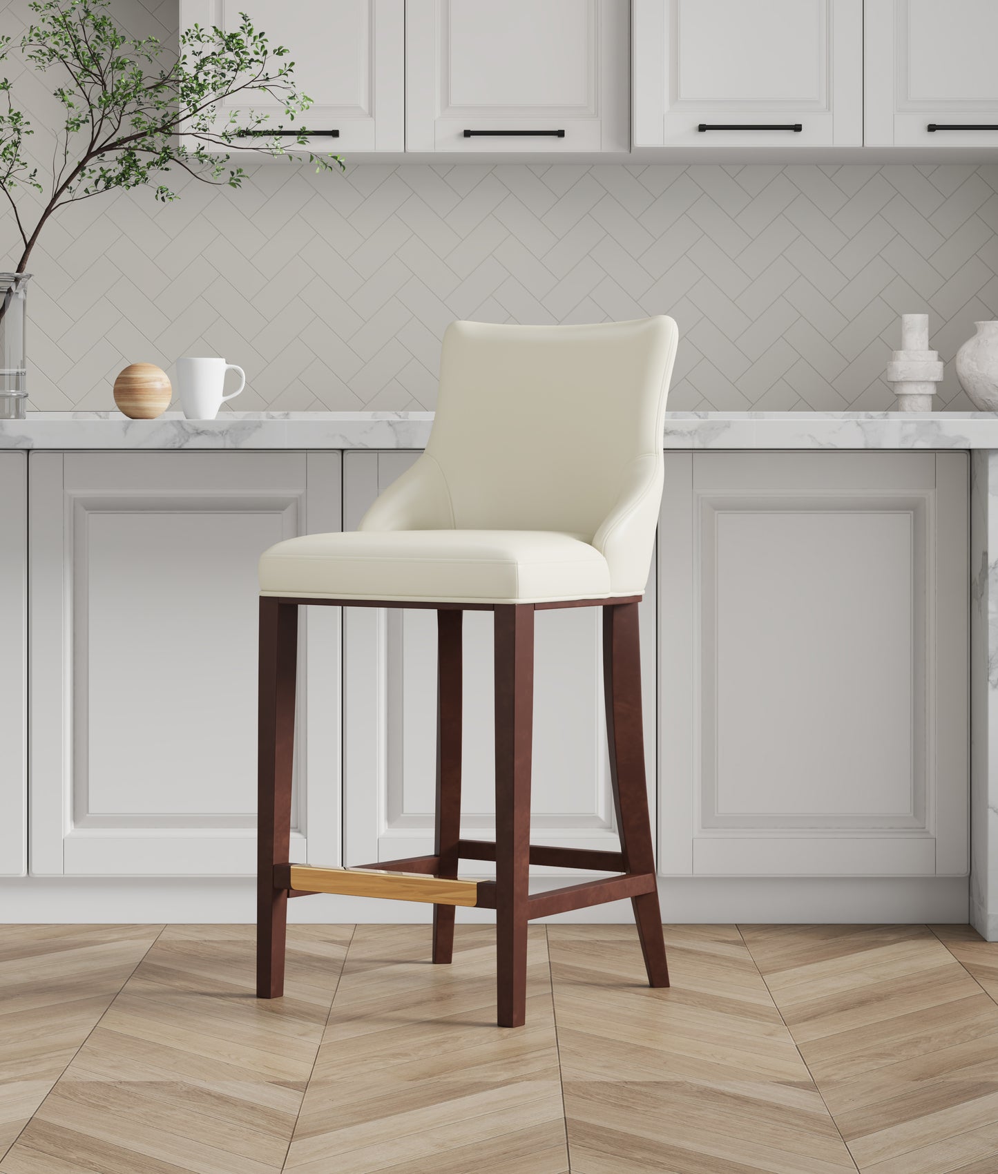 Manhattan Comfort Modern Shubert Barstool Upholstered in Ivory Leatherette with Beech Wood Legs BS019-IV