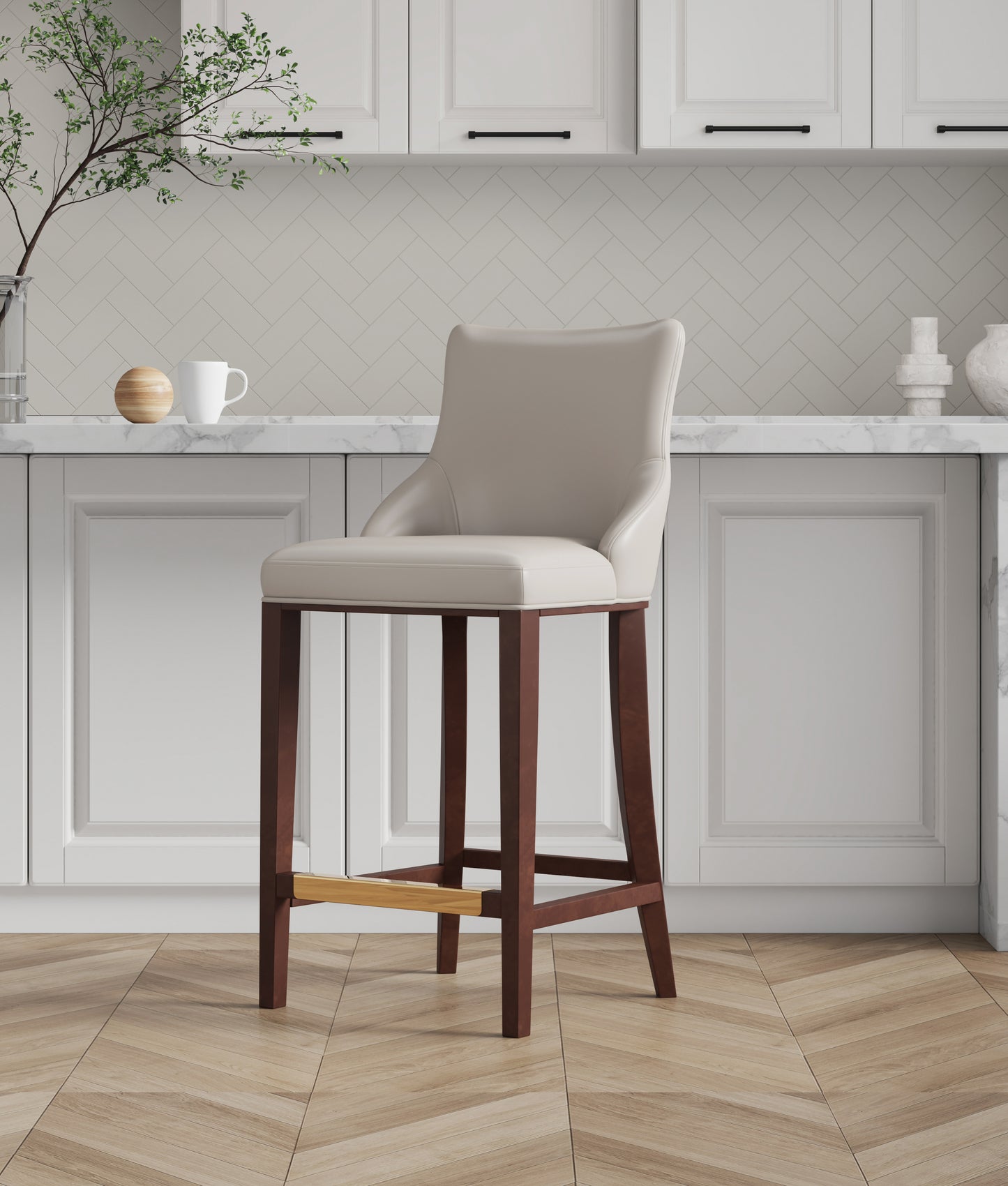 Manhattan Comfort Modern Shubert Barstool Upholstered in Light Grey Leatherette with Beech Wood Legs BS019-LG