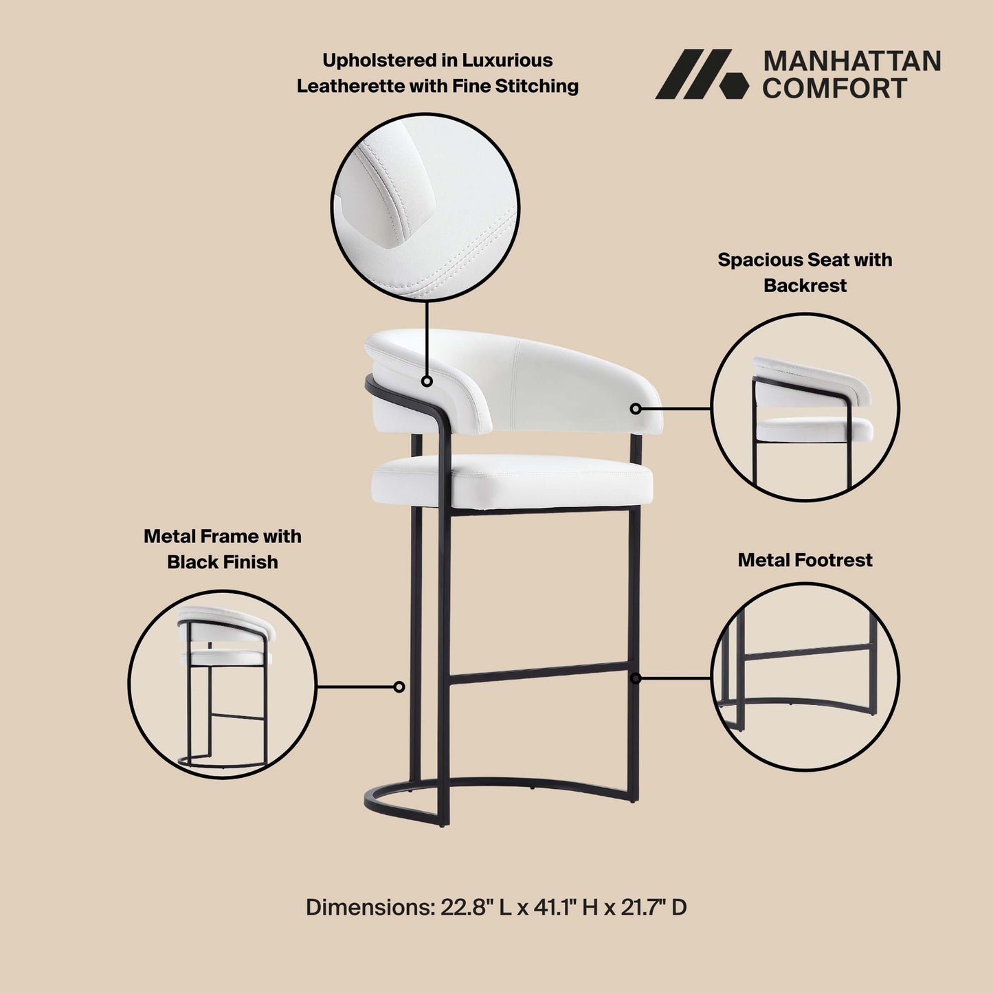 Augusta Modern Metal Upholstered Barstool in White BS021-WH