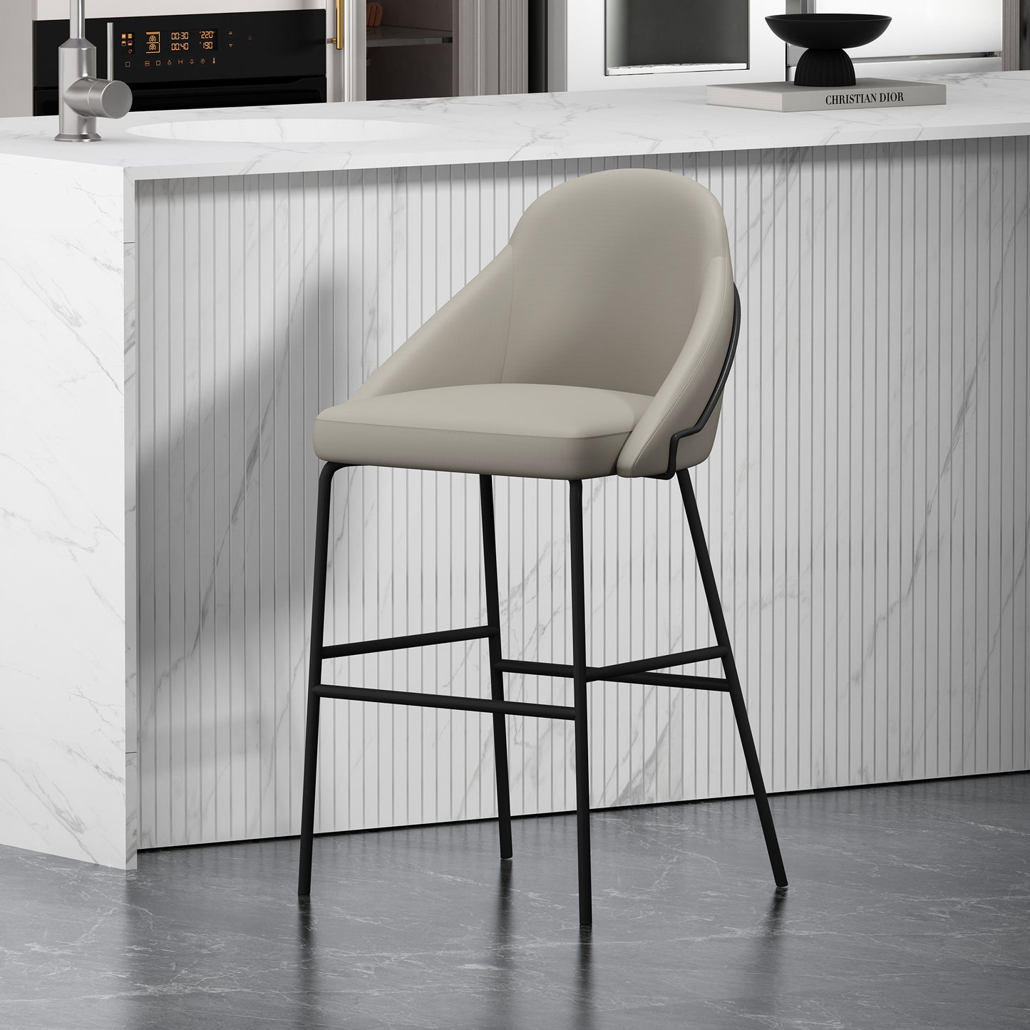 Gracie Modern Metal Upholstered Barstool in Stone Gray and Black BS022-BST