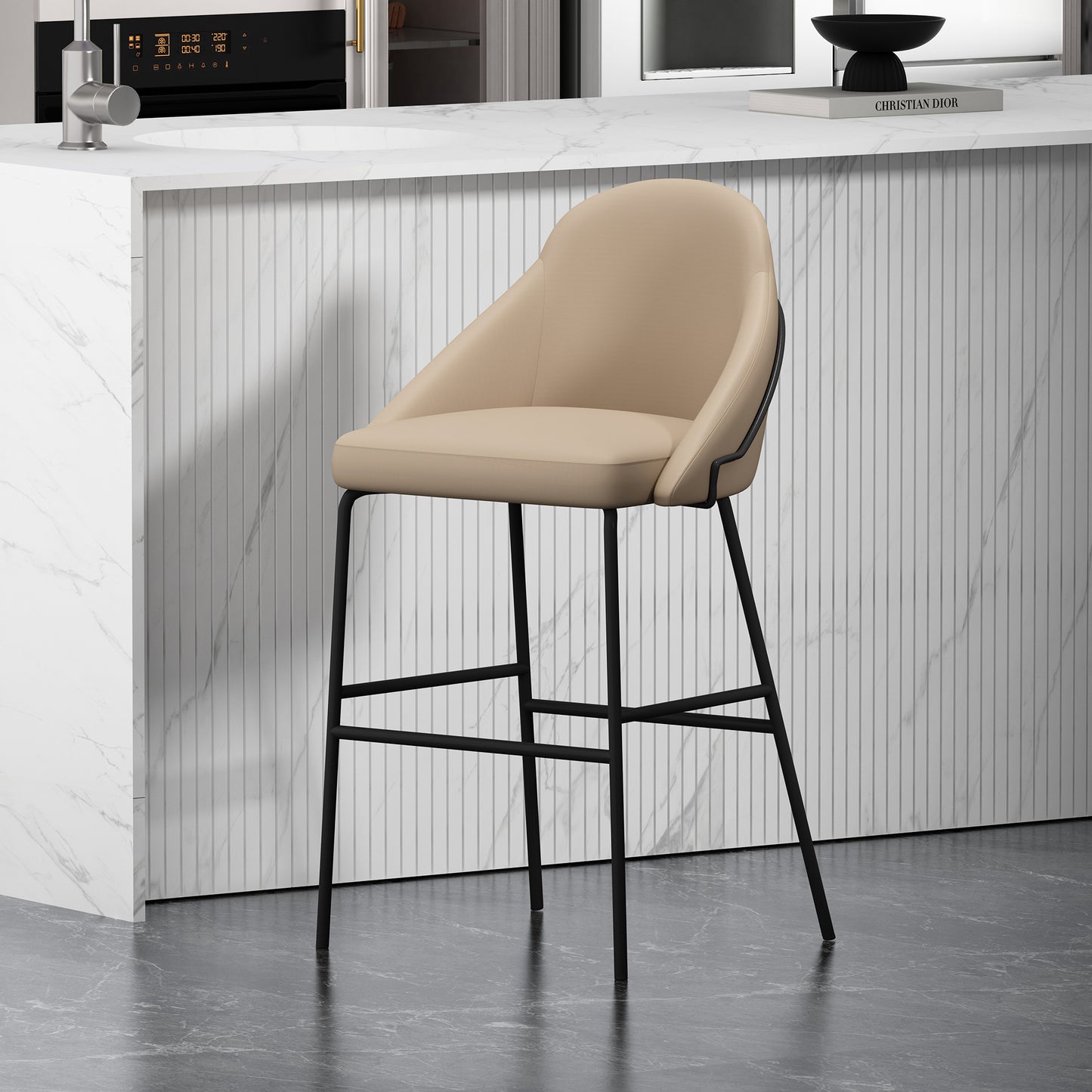 Gracie Modern Metal Upholstered Barstool in Tan and Black BS022-BTN