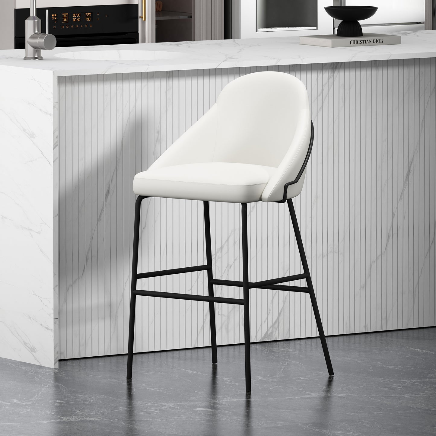 Gracie Modern Metal Upholstered Barstool in White and Black BS022-BWH