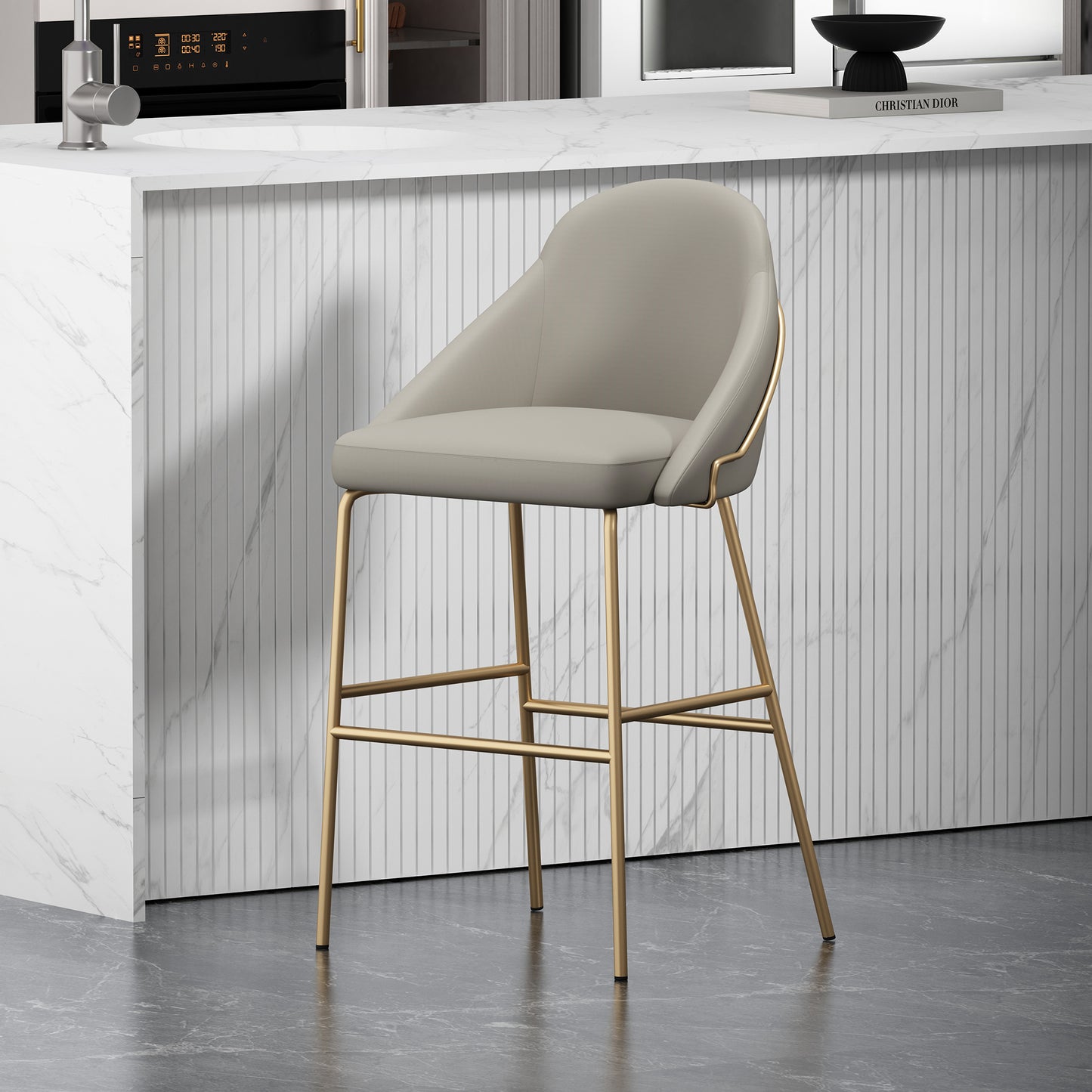Gracie Modern Metal Upholstered Barstool in Stone Gray and Gold BS022-GST