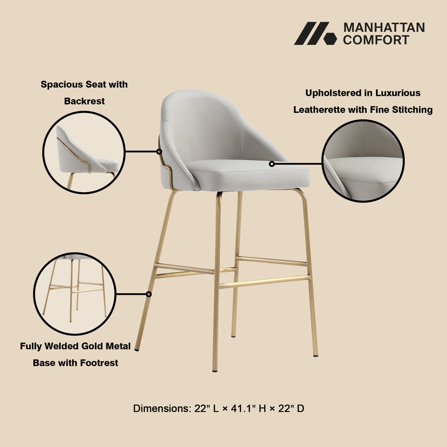 Gracie Modern Metal Upholstered Barstool in Stone Gray and Gold BS022-GST
