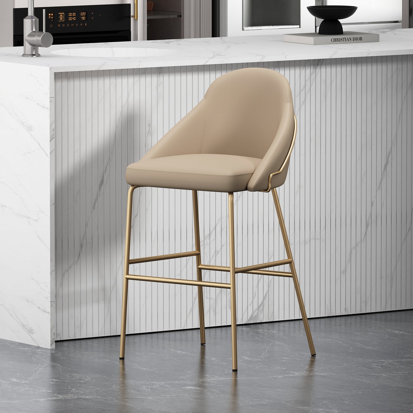Gracie Modern Metal Upholstered Barstool in Tan and Gold BS022-GTN