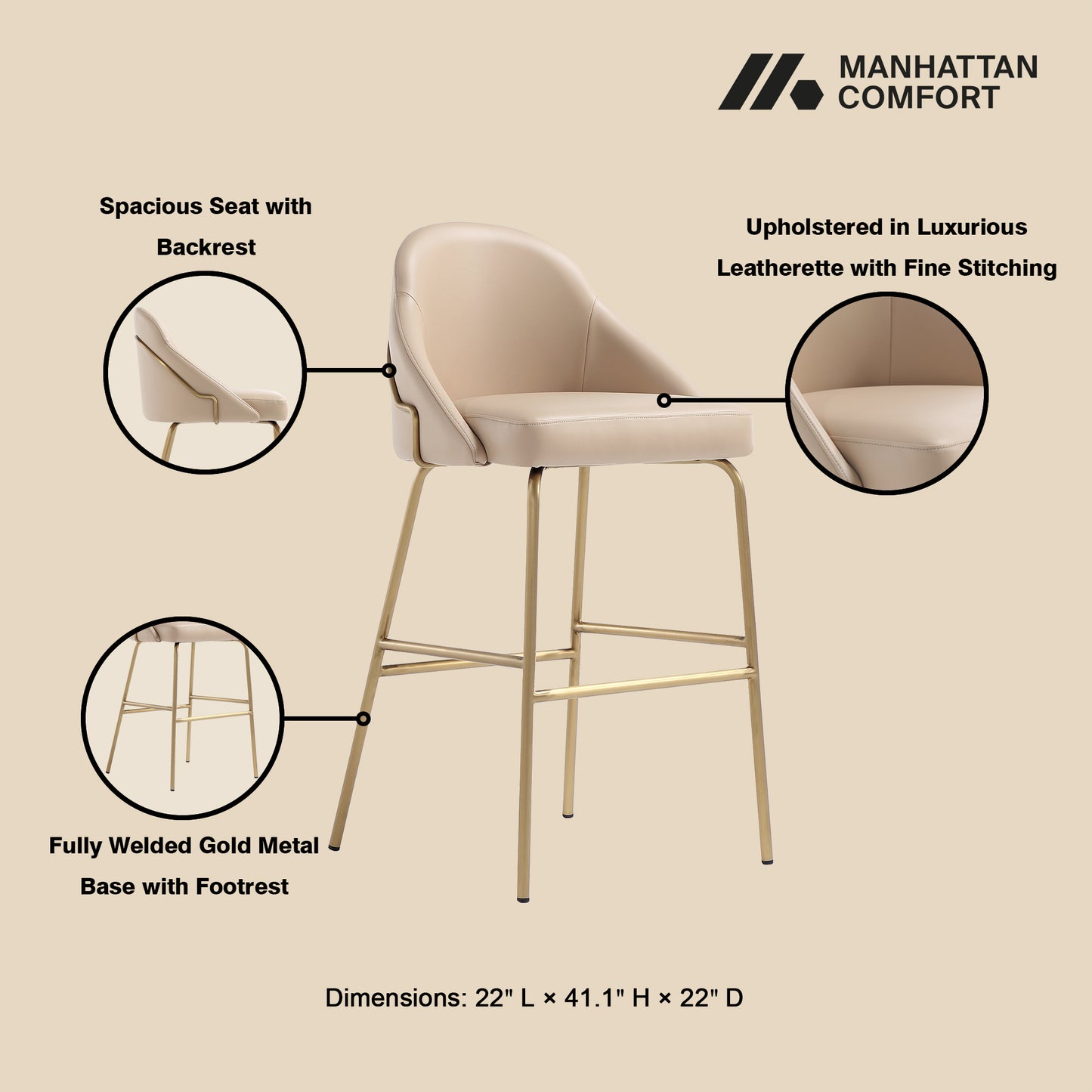 Gracie Modern Metal Upholstered Barstool in Tan and Gold BS022-GTN