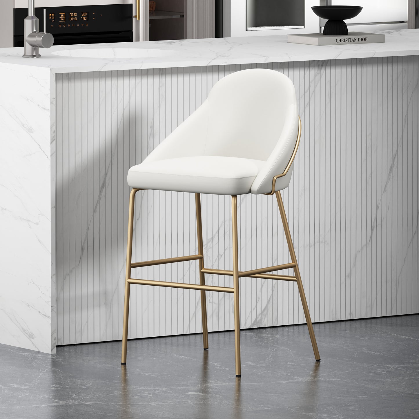 Gracie Modern Metal Upholstered Barstool in White and Gold BS022-GWH
