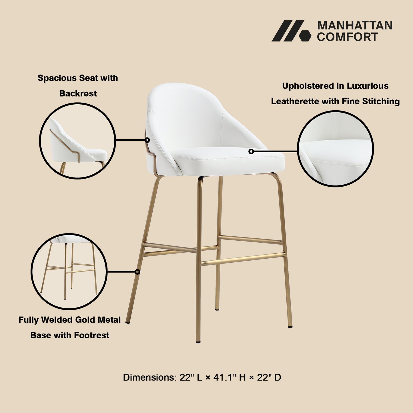 Gracie Modern Metal Upholstered Barstool in White and Gold BS022-GWH