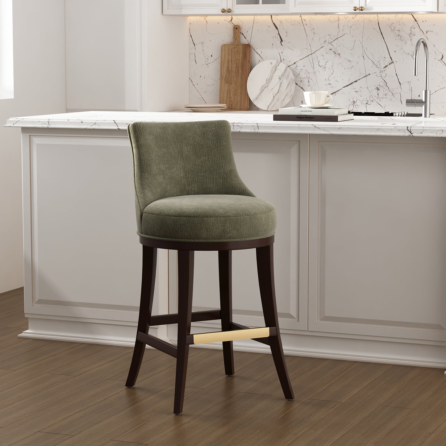 Lucia Modern Wood Upholstered Chenille Barstool in Leaf Green BS025-GR