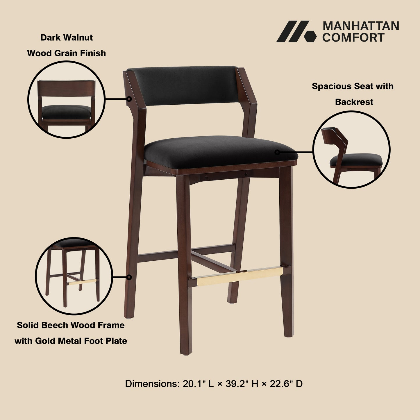 Patricia Modern Wood Upholstered Barstool in Black BS026-BK