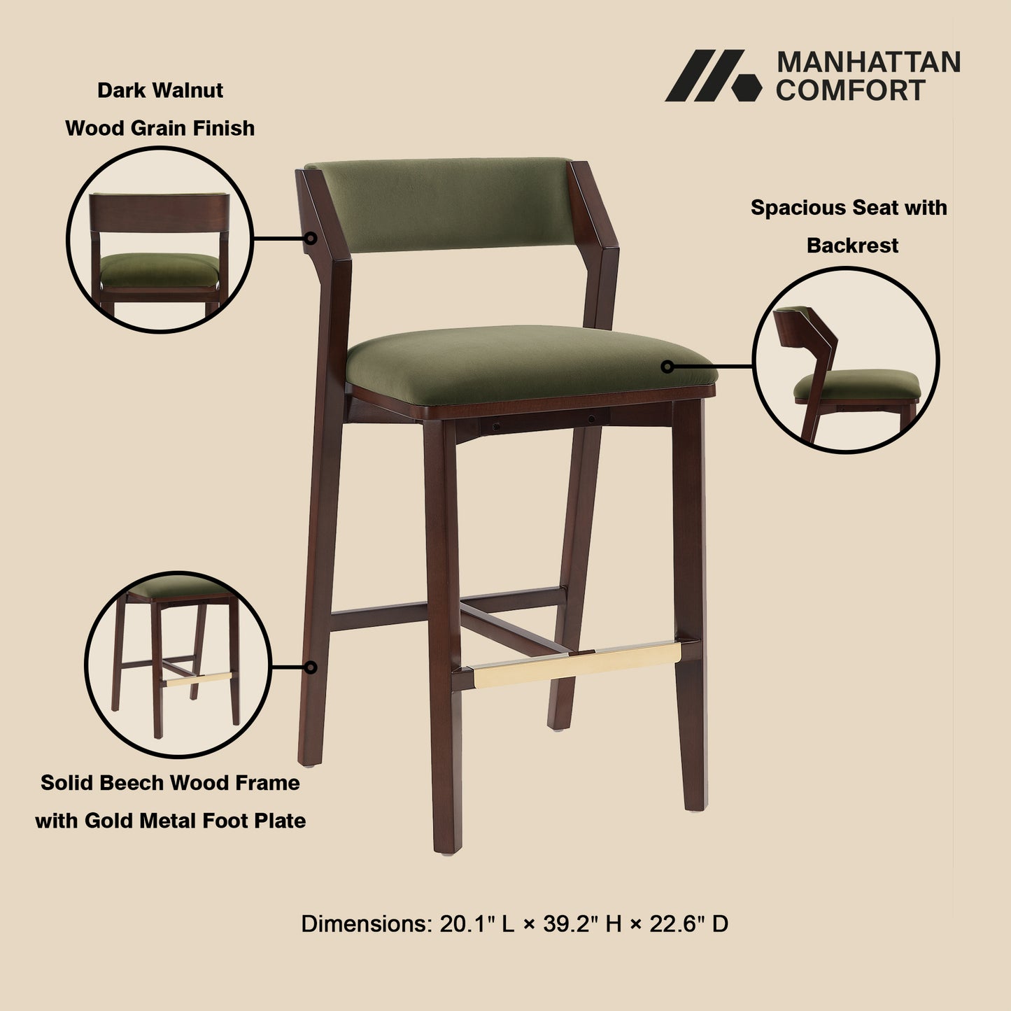 Patricia Modern Wood Upholstered Barstool in Turtle Green BS026-GR