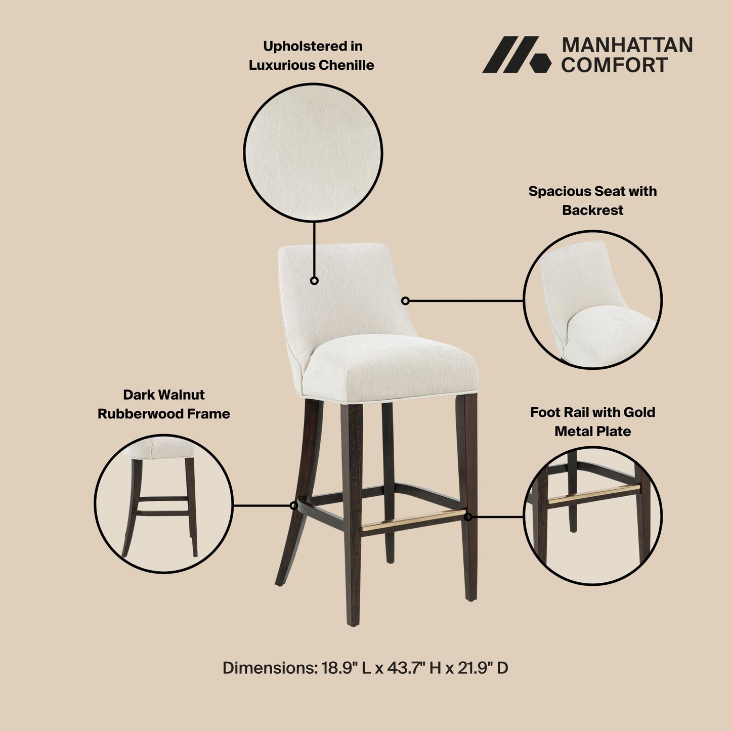 Beever Modern Wood Upholstered Chenille Barstool in Cream BS027-CR