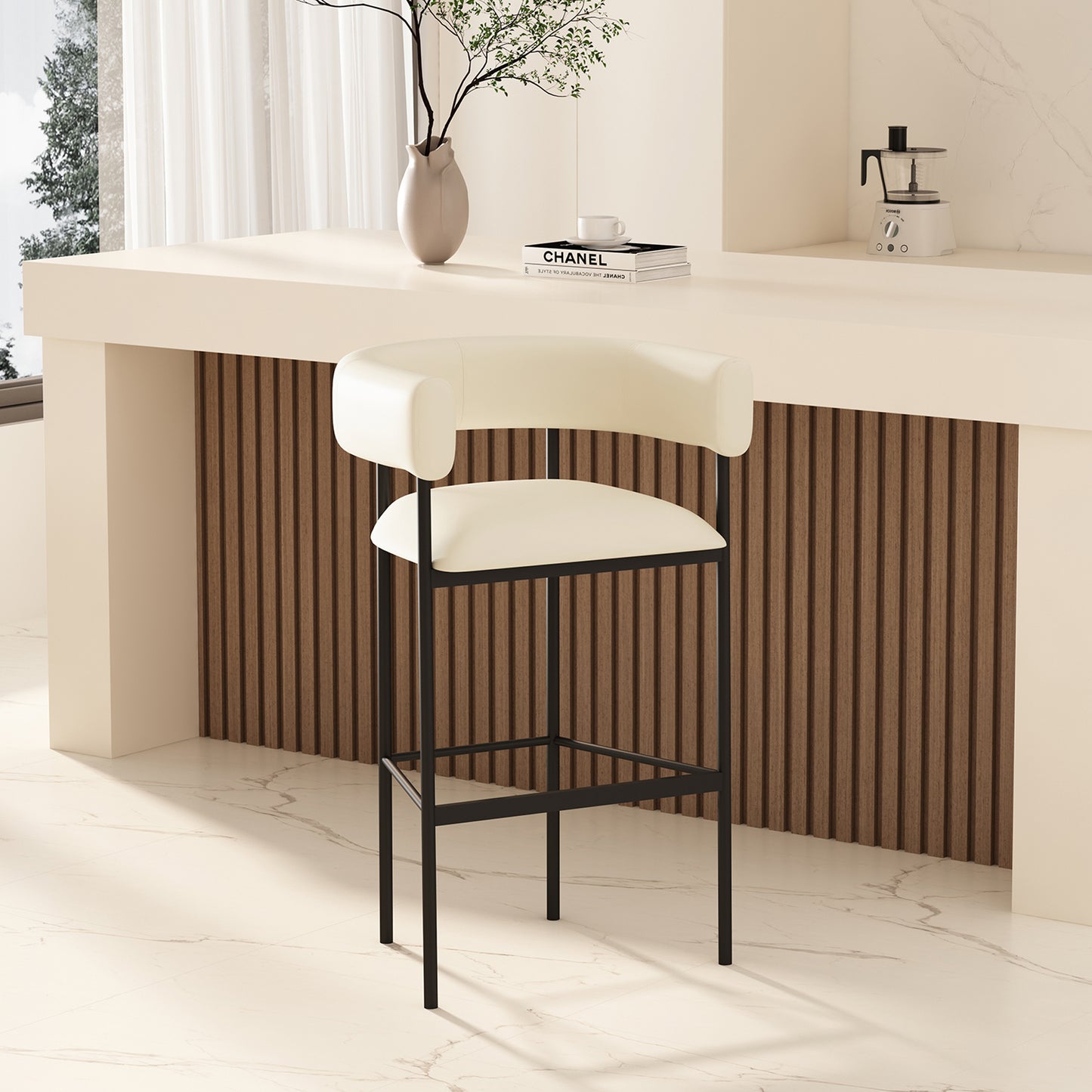 Onda Contemporary Metal Upholstered Vegan Leather Barstool in Ivory BS1638-1
