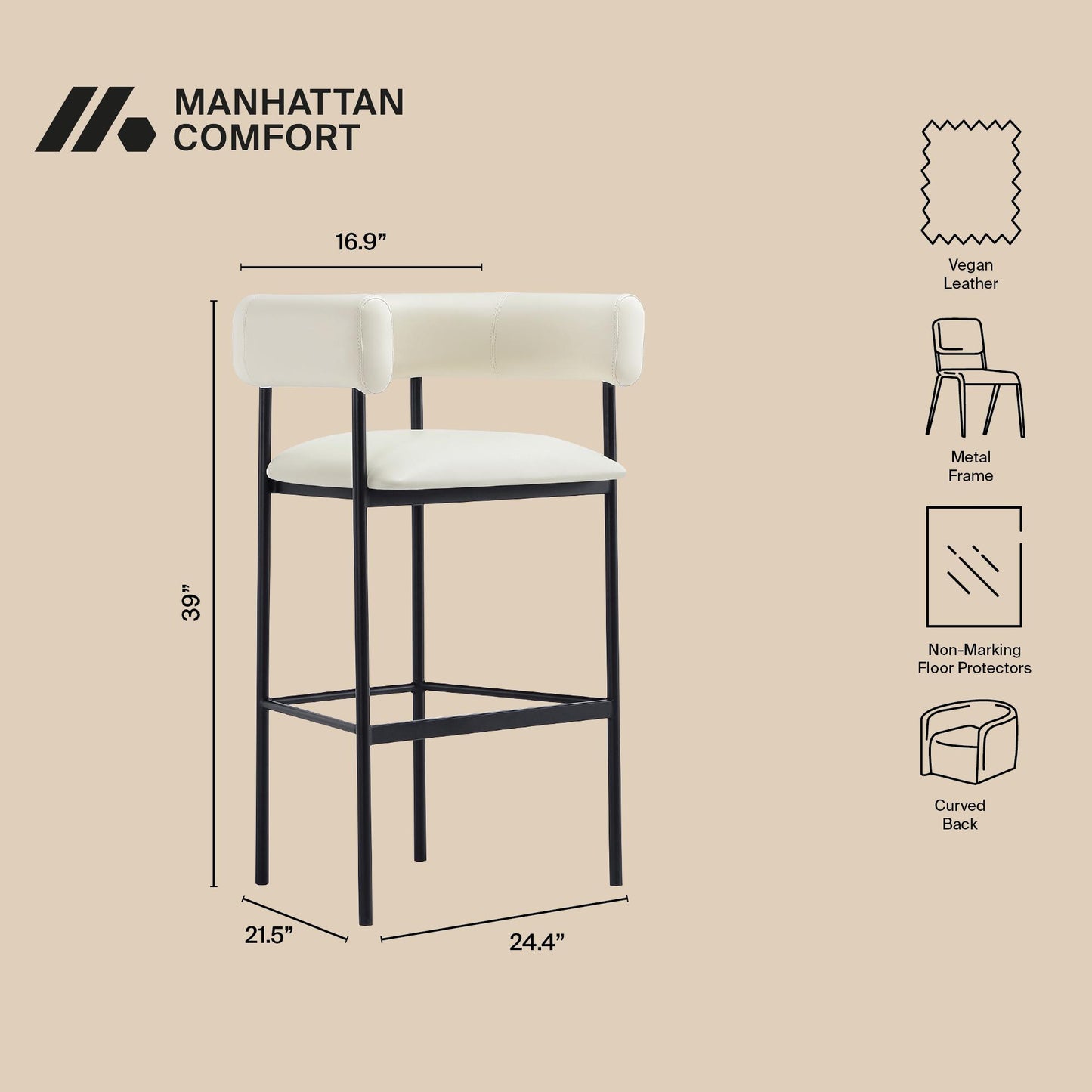 Onda Contemporary Metal Upholstered Vegan Leather Barstool in Ivory BS1638-1
