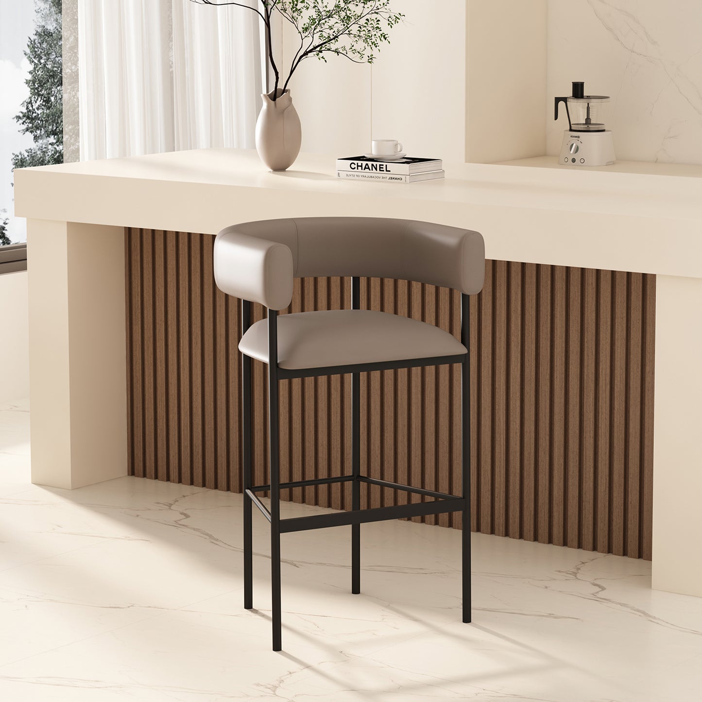 Onda Contemporary Metal Upholstered Vegan Leather Barstool in Taupe BS1638-2