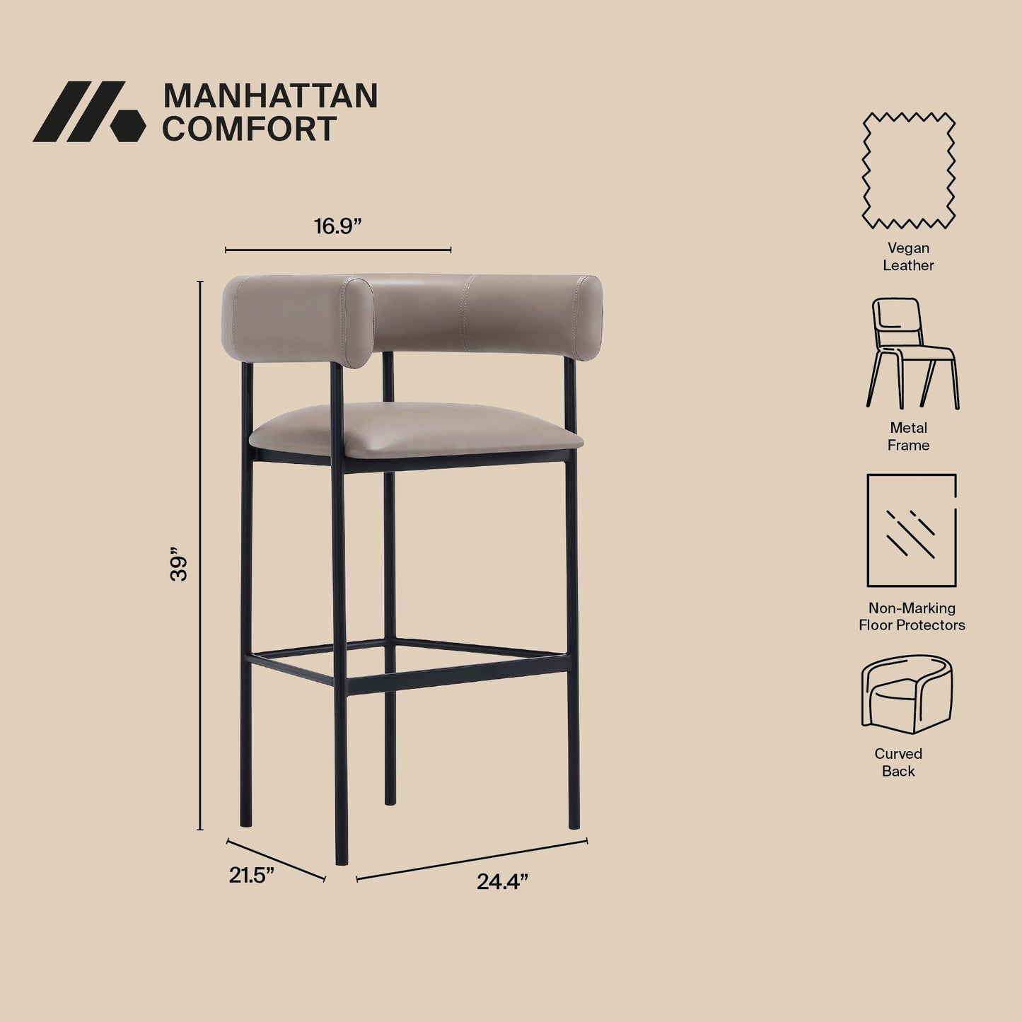Onda Contemporary Metal Upholstered Vegan Leather Barstool in Taupe BS1638-2