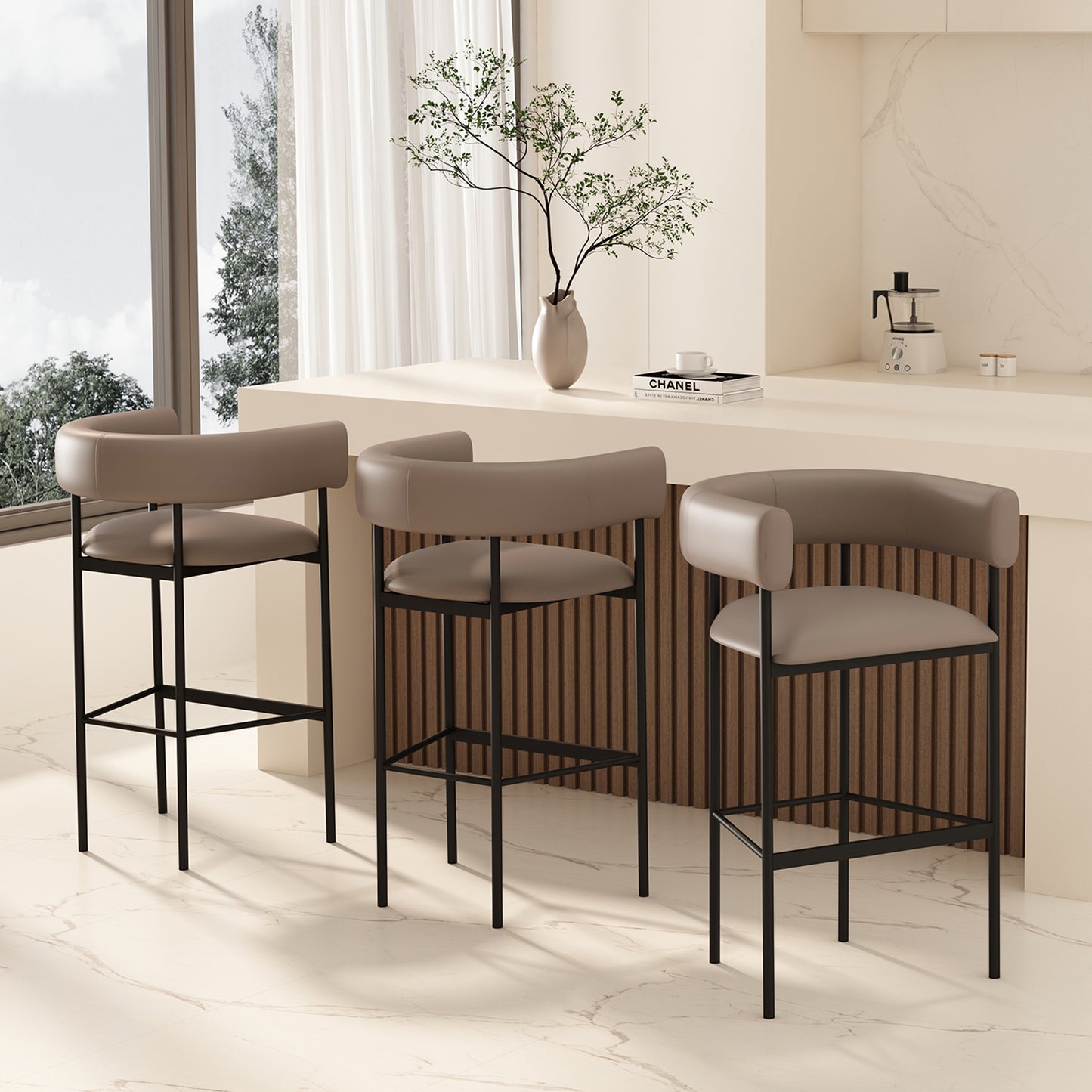 Onda Contemporary Metal Upholstered Vegan Leather Barstool in Taupe BS1638-2
