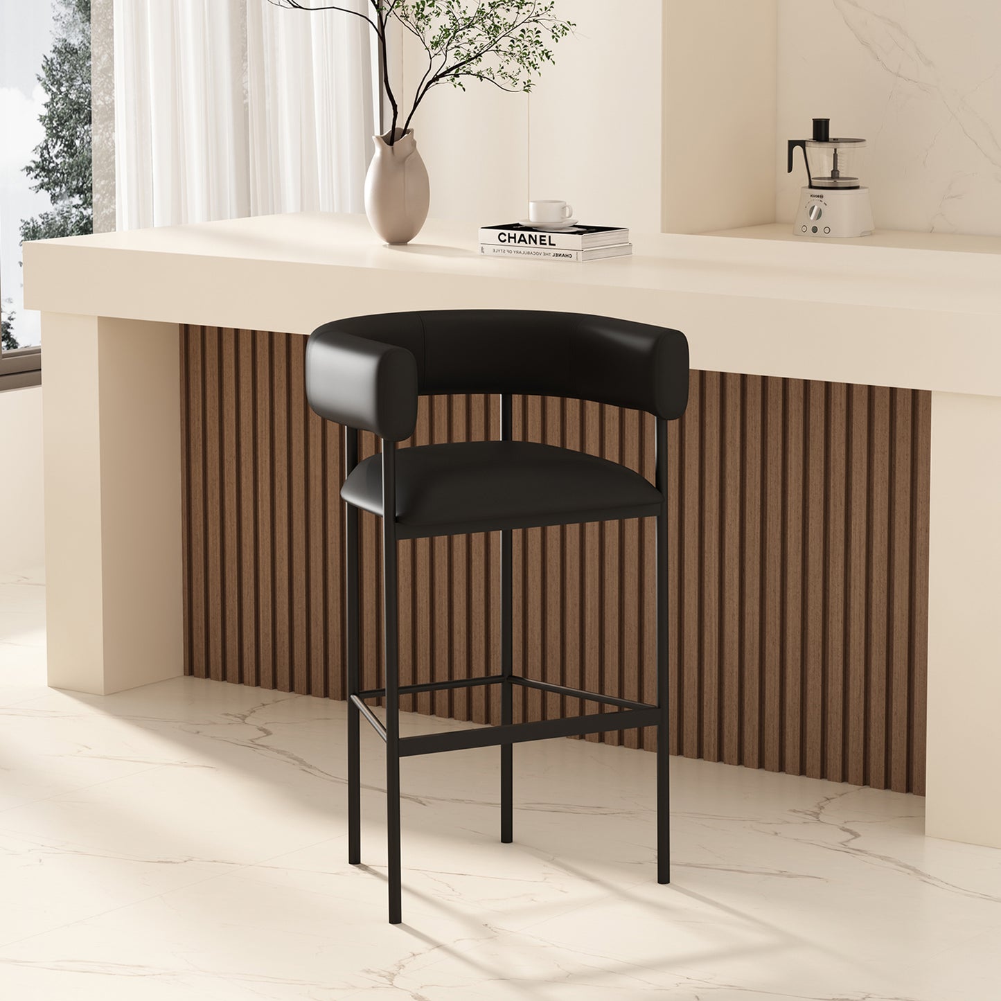 Onda Contemporary Metal Upholstered Vegan Leather Barstool in Black BS1638-3