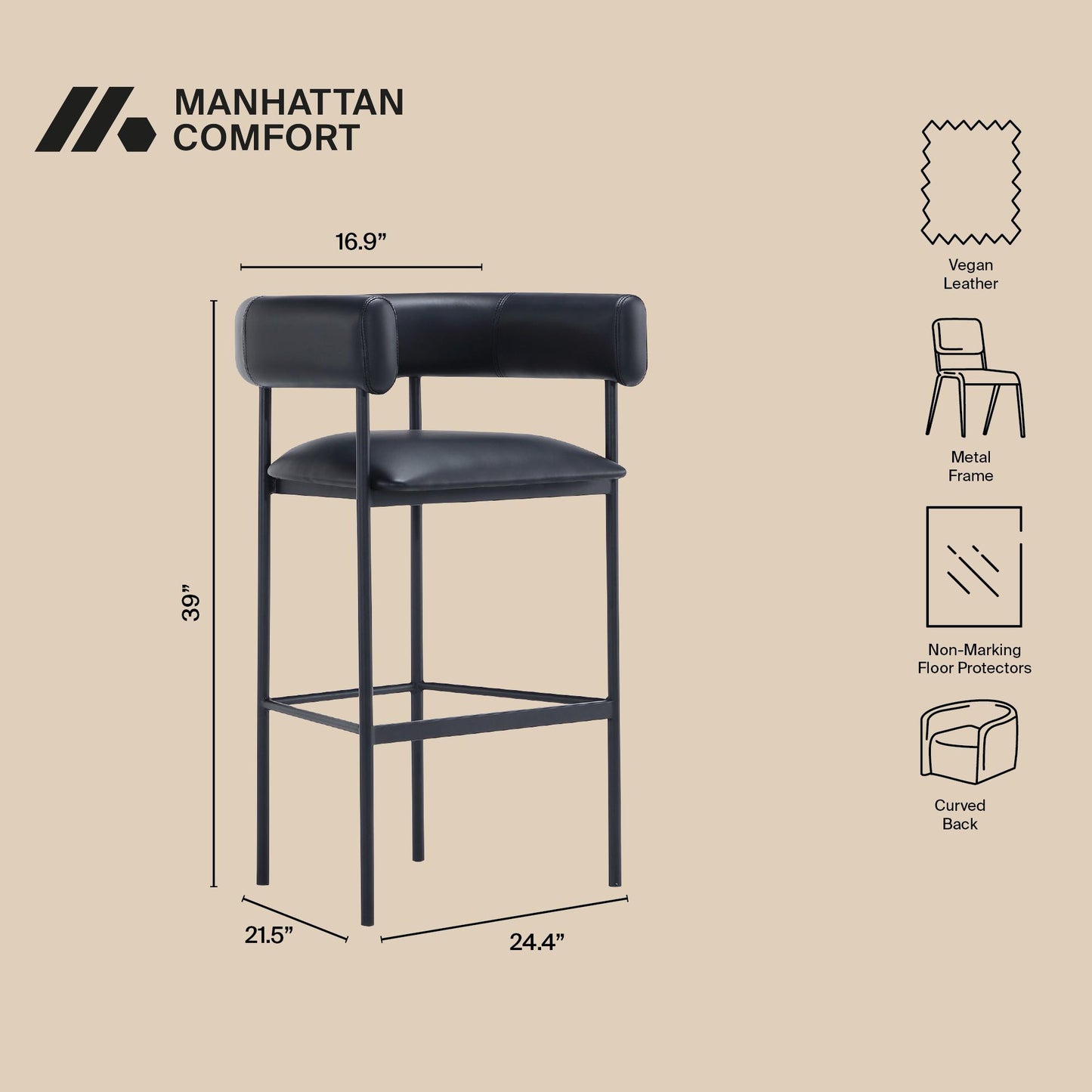 Onda Contemporary Metal Upholstered Vegan Leather Barstool in Black BS1638-3