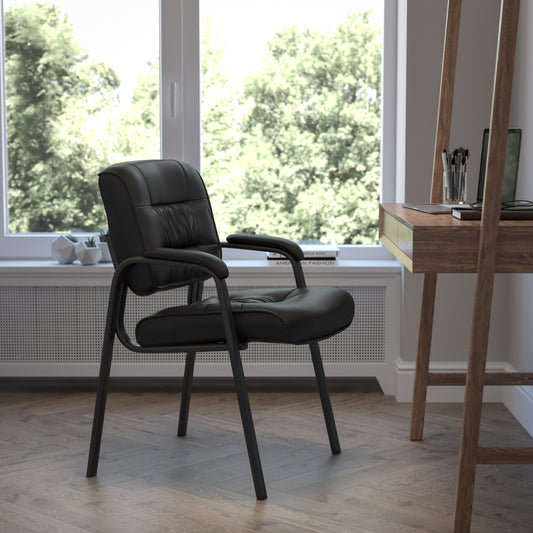 Haeger Black LeatherSoft Executive Side Reception Chair with Titanium Gray Powder Coated Frame Black LeatherSoft/Titanium Gray Frame