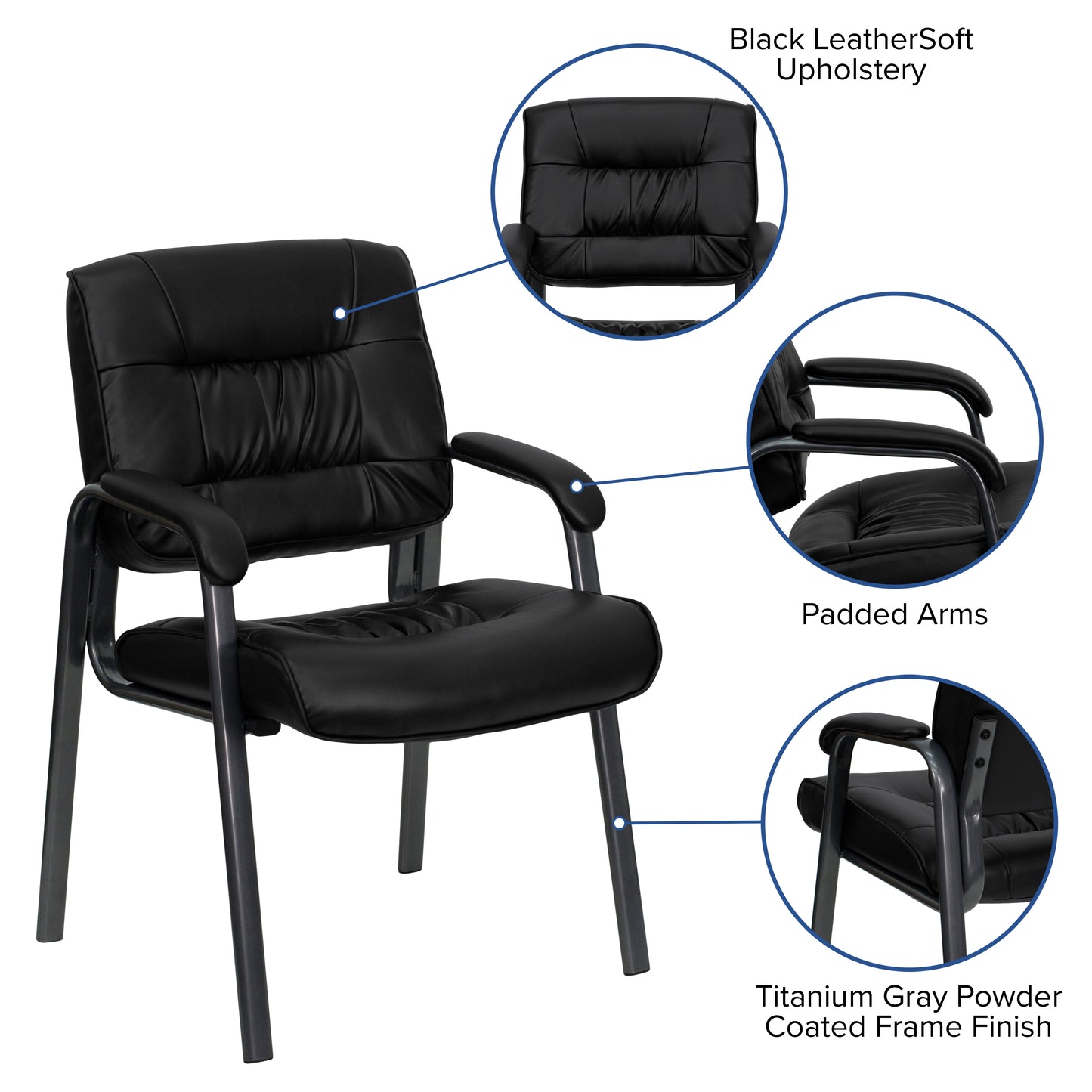 Haeger Black LeatherSoft Executive Side Reception Chair with Titanium Gray Powder Coated Frame Black LeatherSoft/Titanium Gray Frame