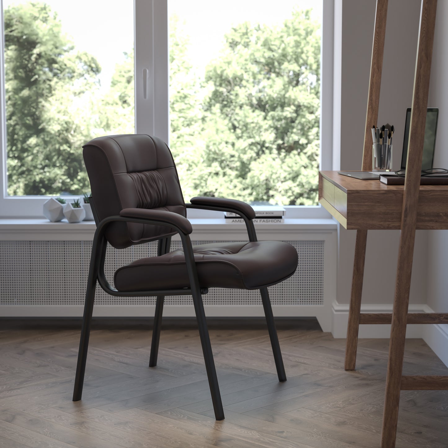 Haeger Brown LeatherSoft Executive Side Reception Chair with Black Metal Frame Brown LeatherSoft/Black Frame