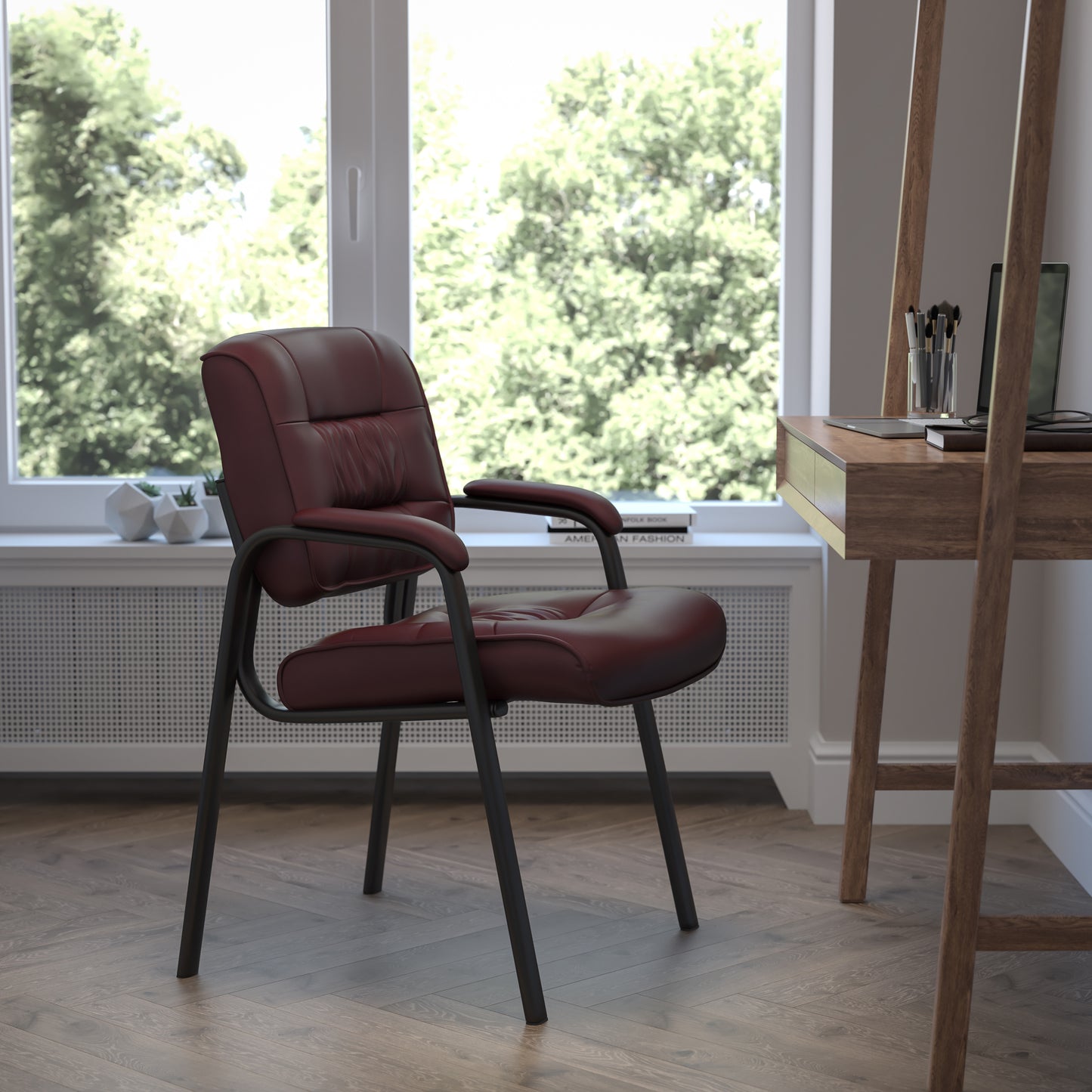 Haeger Burgundy LeatherSoft Executive Side Reception Chair with Black Metal Frame Burgundy LeatherSoft/Black Frame