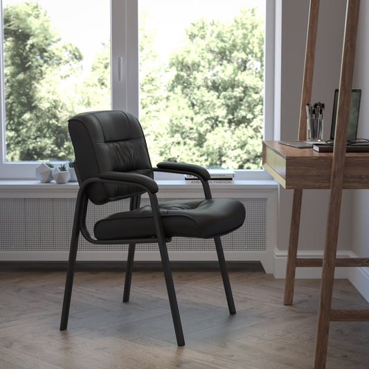Haeger Black LeatherSoft Executive Side Reception Chair with Black Metal Frame Black LeatherSoft/Black Frame